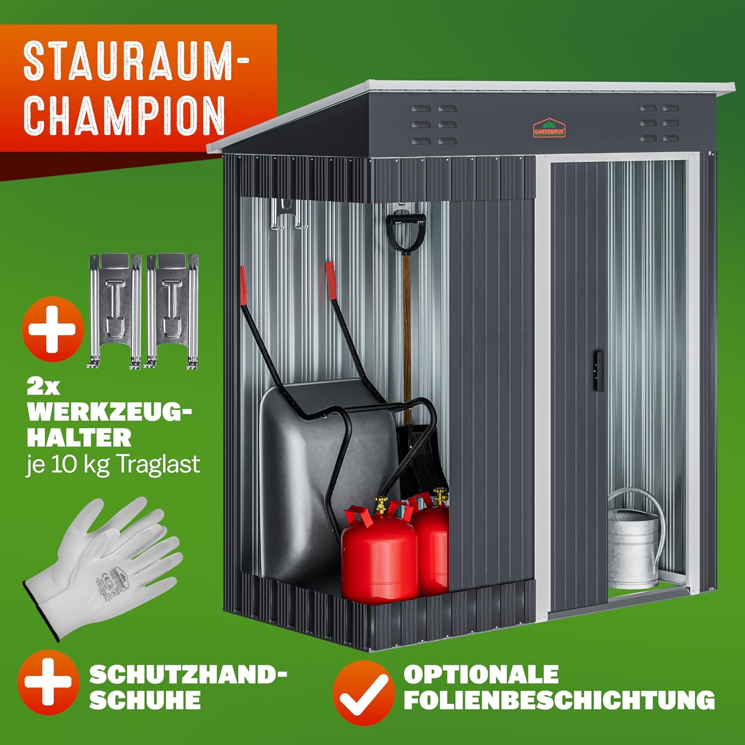 GARDEBRUK® Geräteschuppen 185x165x90cm 1,5m2 Schiebetür 20kg Halter Handschuhe Belüftung rostfreies Metall Pultdach Anthrazit Gerätehaus Gartenhaus — Ansicht 2