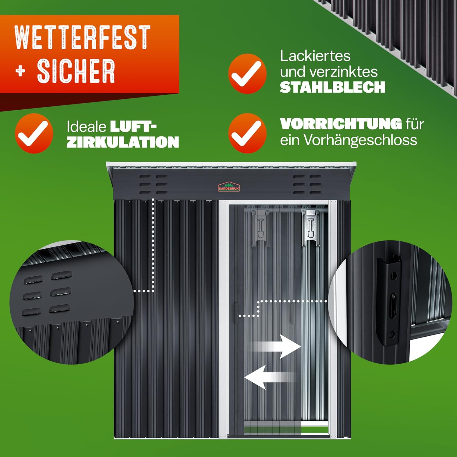 GARDEBRUK® Geräteschuppen 185x165x90cm 1,5m2 Schiebetür 20kg Halter Handschuhe Belüftung rostfreies Metall Pultdach Anthrazit Gerätehaus Gartenhaus — Ansicht 4