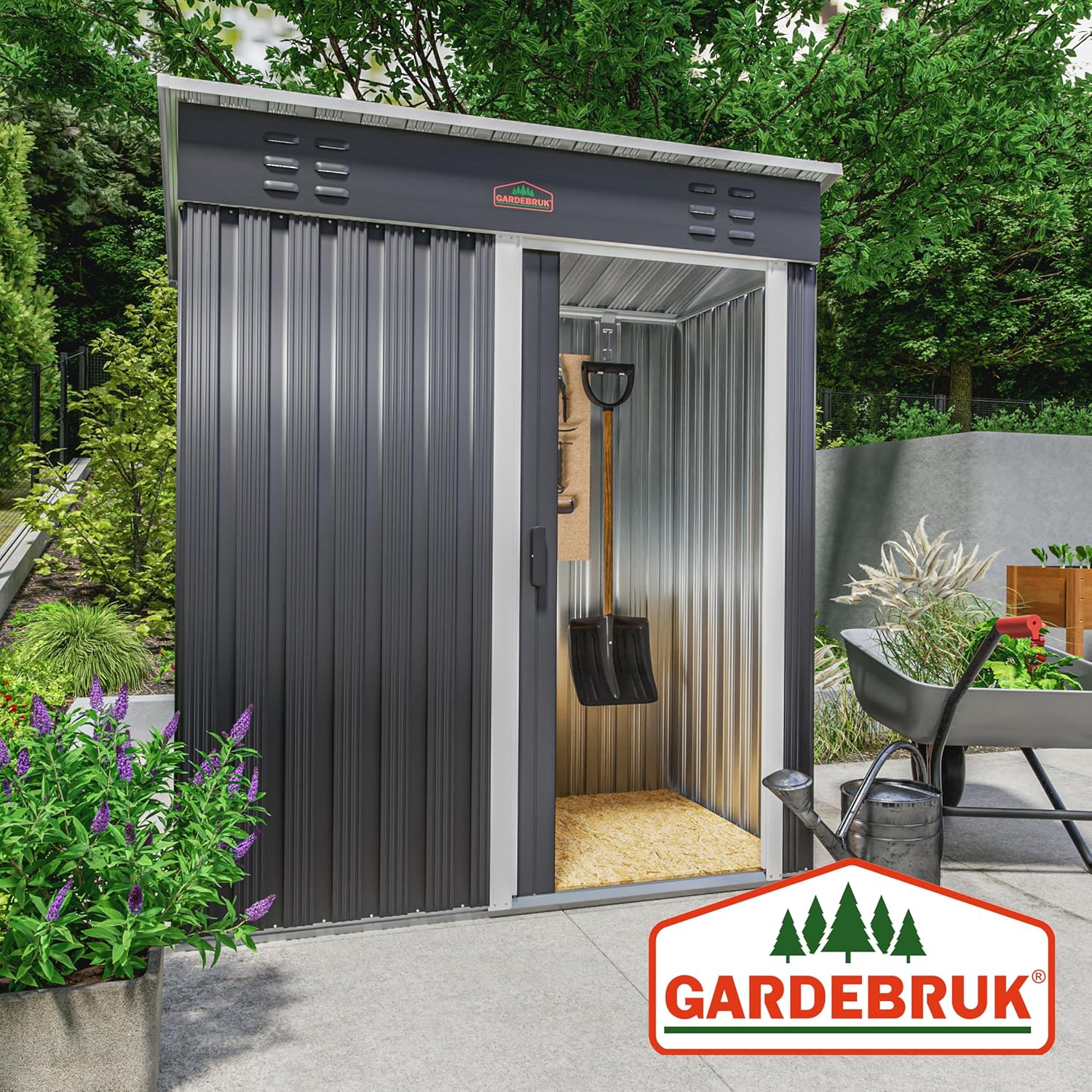 GARDEBRUK® Geräteschuppen 185x165x90cm 1,5m2 Schiebetür 20kg Halter Handschuhe Belüftung rostfreies Metall Pultdach Anthrazit Gerätehaus Gartenhaus — Ansicht 5