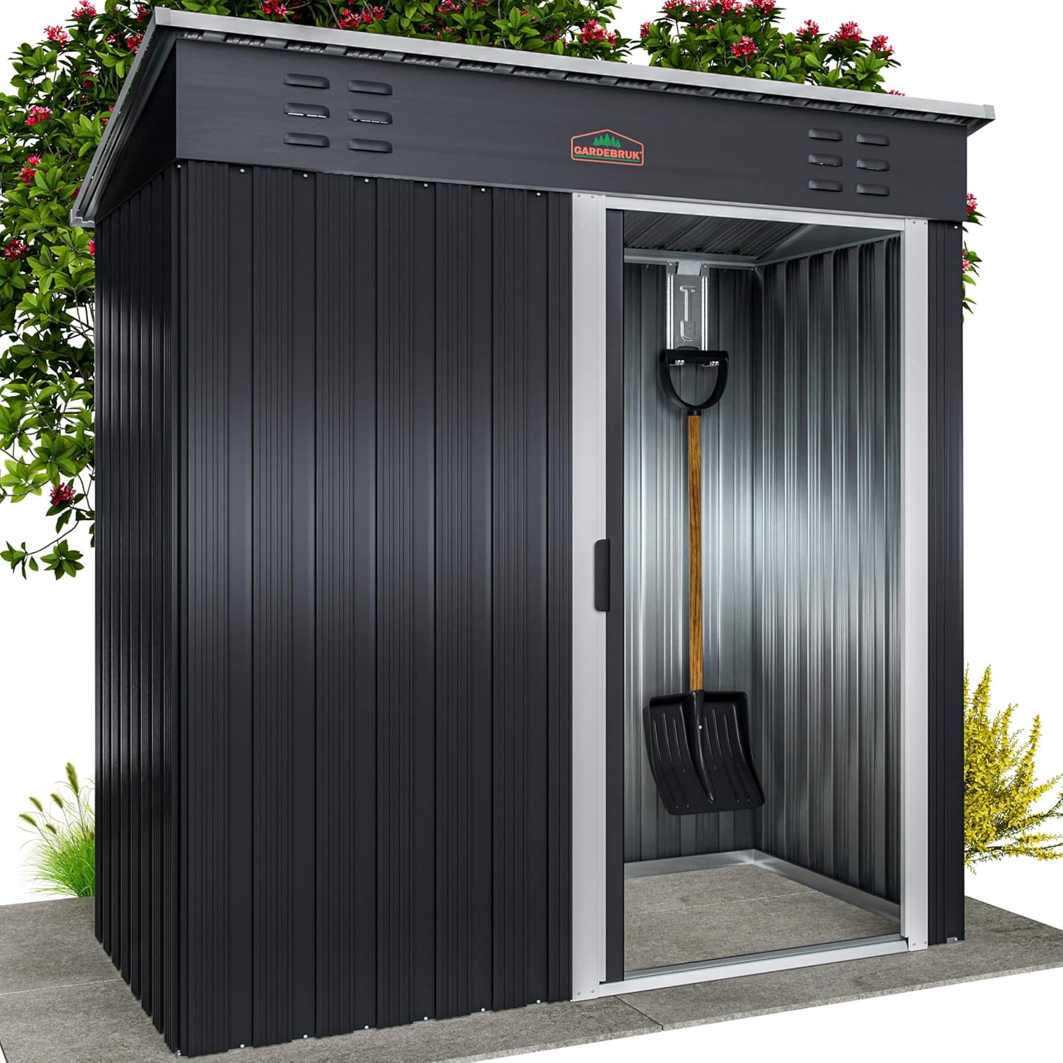 GARDEBRUK® Geräteschuppen 185x165x90cm 1,5m2 Schiebetür 20kg Halter Handschuhe Belüftung rostfreies Metall Pultdach Anthrazit Gerätehaus Gartenhaus