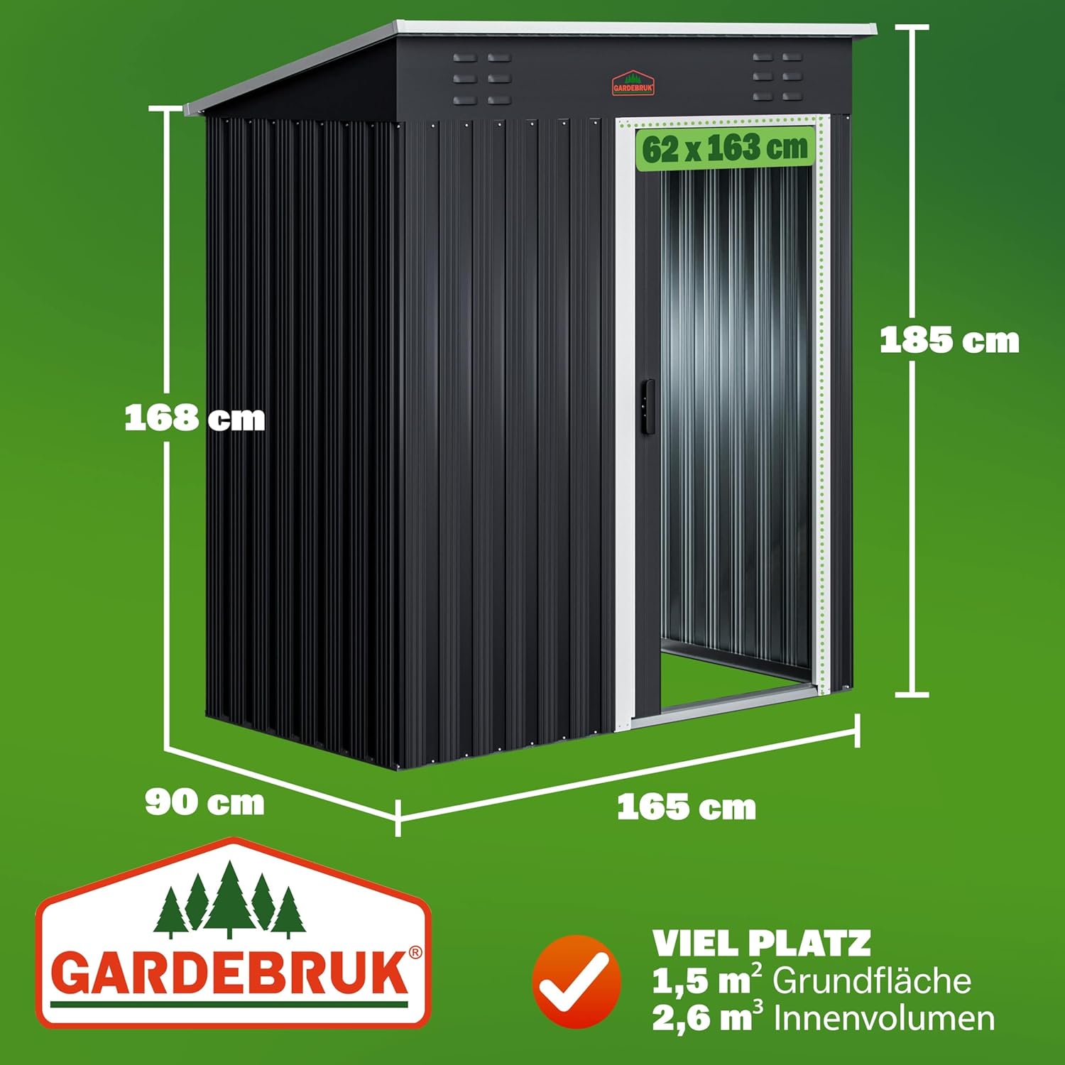 GARDEBRUK® Geräteschuppen NEUES Modell 2026 Gartenhaus 1,5m2 185x165x90cm Schiebetür 20kg Halter Handschuhe Belüftung Pultdach Graphit Gerätehaus — Ansicht 3