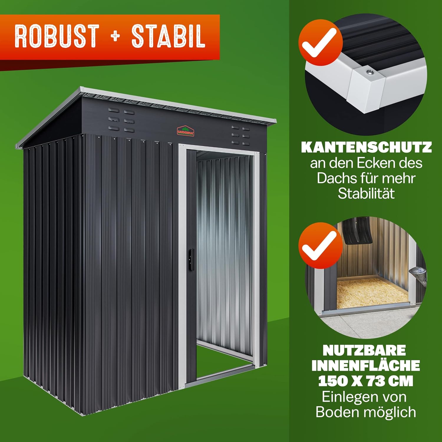 GARDEBRUK® Geräteschuppen NEUES Modell 2026 Gartenhaus 1,5m2 185x165x90cm Schiebetür 20kg Halter Handschuhe Belüftung Pultdach Graphit Gerätehaus — Ansicht 6