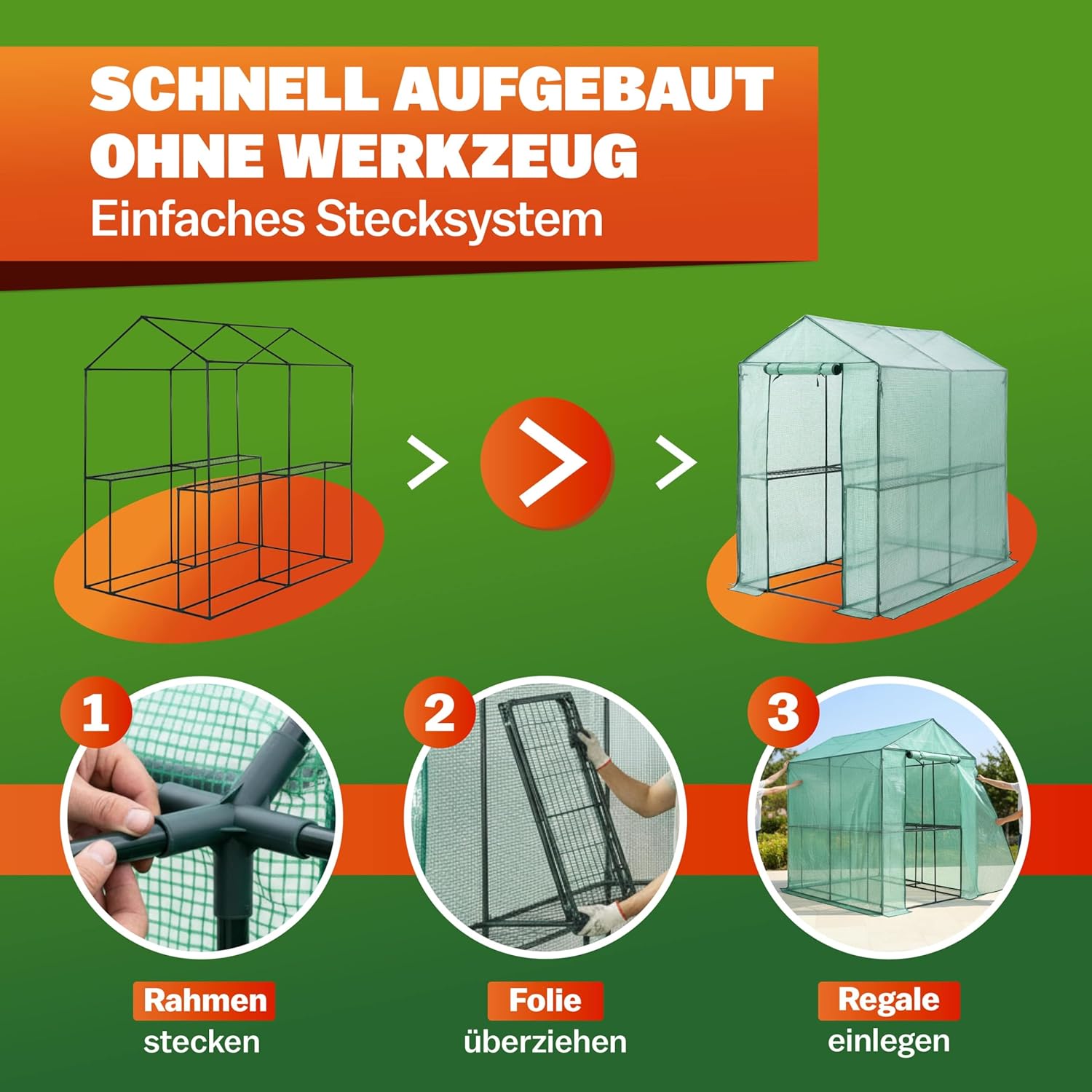 Gardebruk® Gewächshaus 190x186x120 cm Tomatengewächshaus Begehbar mit 4 Ablagen Foliengewächshaus Treibhaus mit Aufrollbarer Tür für Garten & Balkon Stabil, UV-beständig, Grün — Ansicht 5