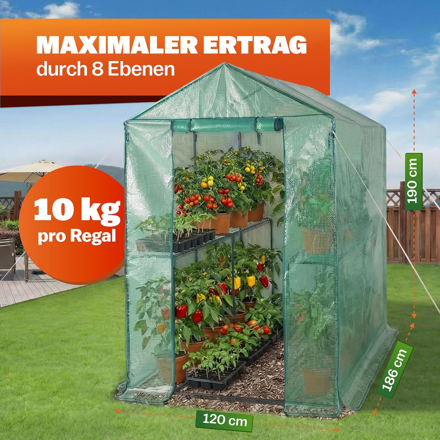 Gardebruk® Gewächshaus 190x186x120 cm Tomatengewächshaus Begehbar mit 4 Ablagen Foliengewächshaus Treibhaus mit Aufrollbarer Tür für Garten & Balkon Stabil, UV-beständig, Grün — Ansicht 6