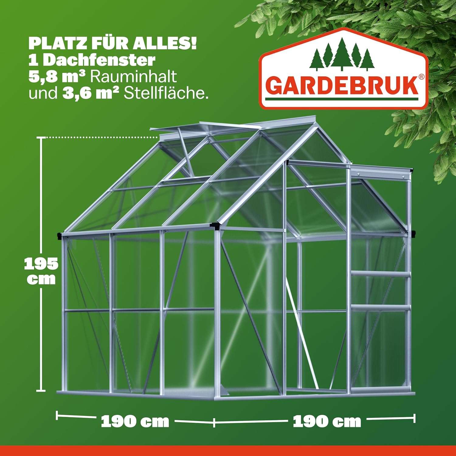 GARDEBRUK® Gewächshaus Aluminium 3,6m2 190x190cm inkl. Dachfenster Tomatenhaus Treibhaus Anzuchthaus Gartenhaus Frühbeet Pflanzenhaus Aufzucht 5,8m3 — Ansicht 3