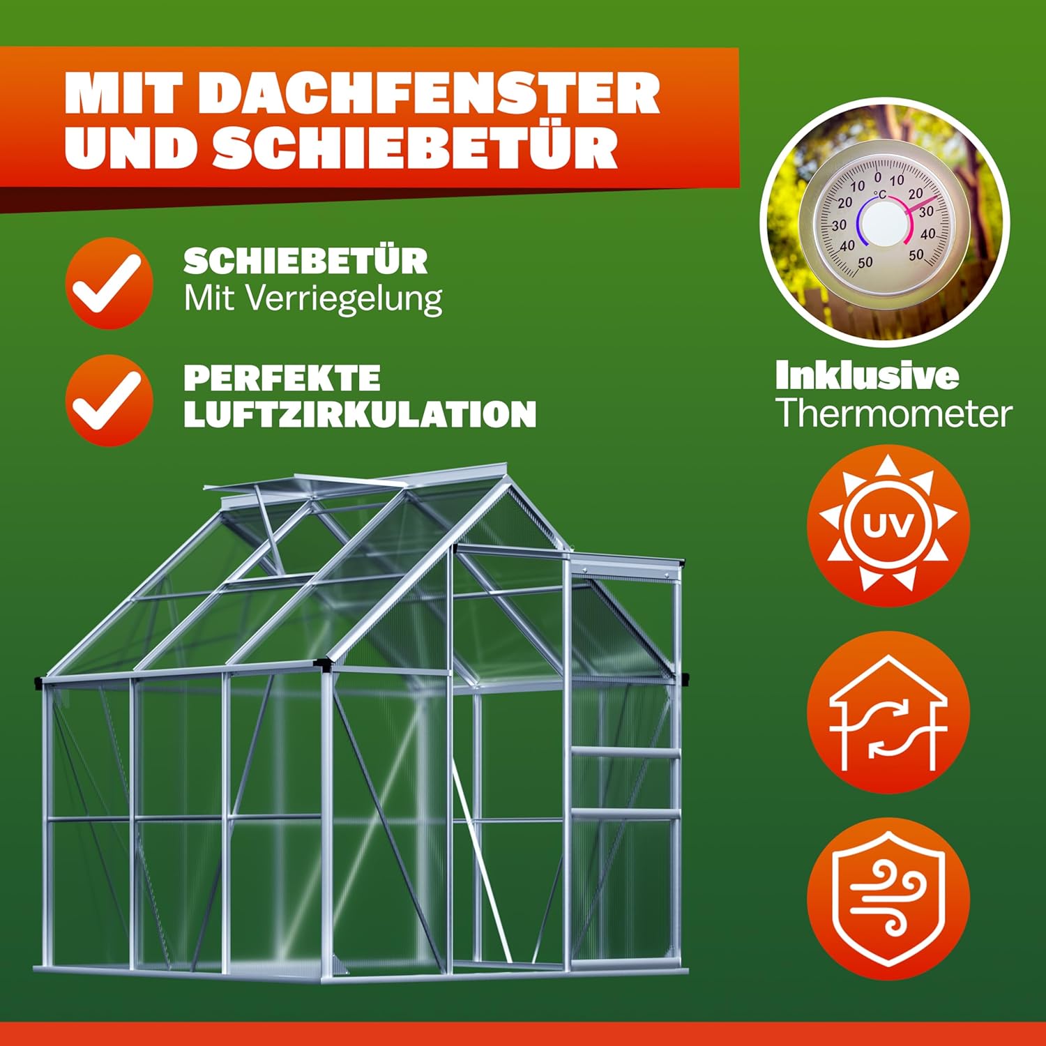 GARDEBRUK® Gewächshaus Aluminium 3,6m2 190x190cm inkl. Dachfenster Tomatenhaus Treibhaus Anzuchthaus Gartenhaus Frühbeet Pflanzenhaus Aufzucht 5,8m3 — Ansicht 5