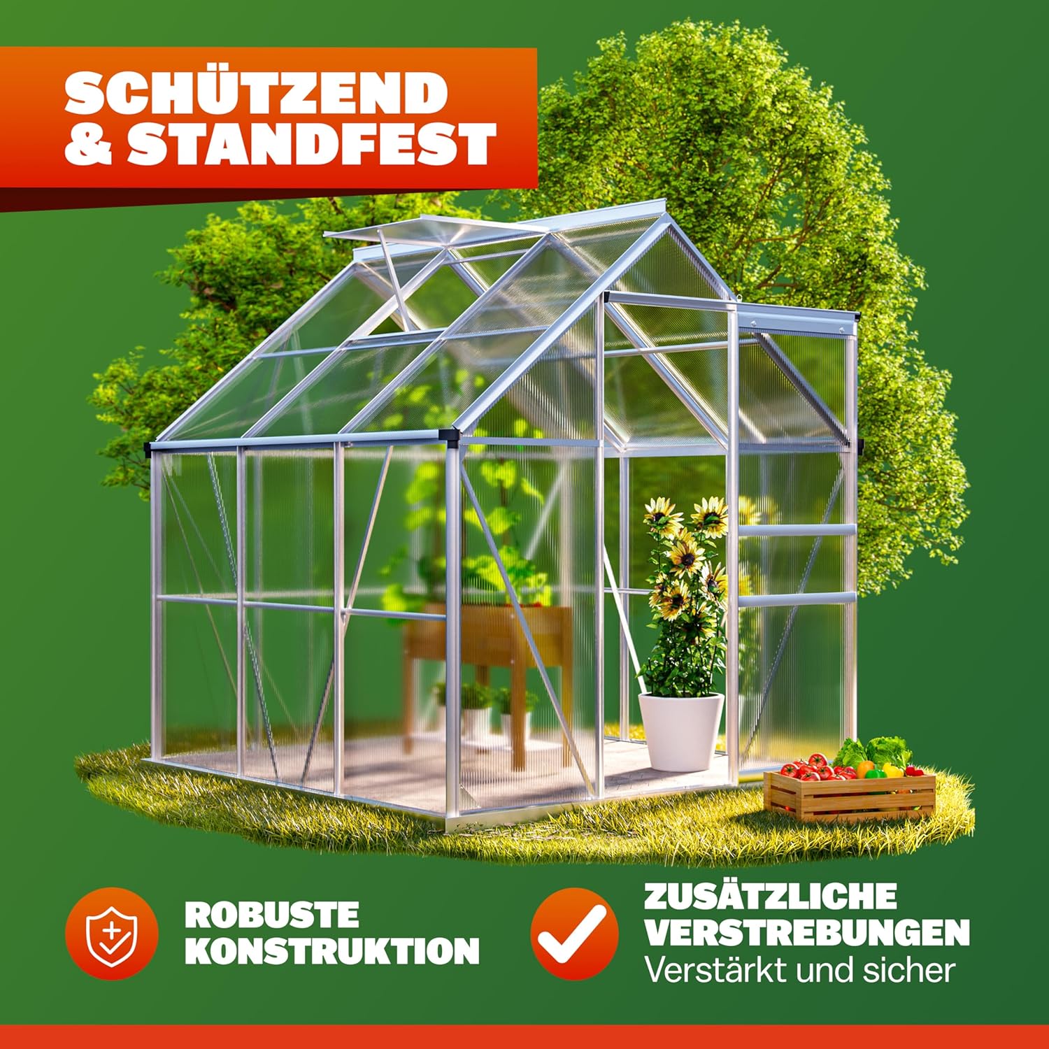 GARDEBRUK® Gewächshaus Aluminium 3,6m2 190x190cm inkl. Dachfenster Tomatenhaus Treibhaus Anzuchthaus Gartenhaus Frühbeet Pflanzenhaus Aufzucht 5,8m3 — Ansicht 6