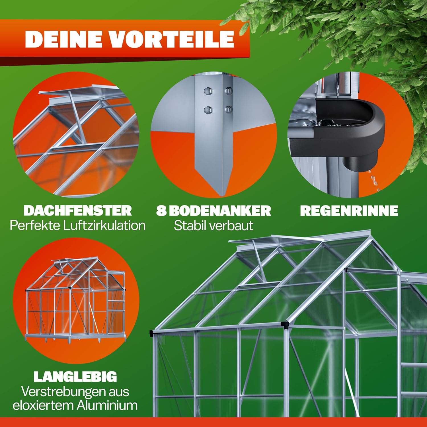GARDEBRUK® Gewächshaus Aluminium 3,6m2 mit Fundament 190x190cm inkl. Dachfenster Tomatenhaus Treibhaus Anzuchthaus Garten Frühbeet Aufzucht 5,8m3 — Ansicht 2