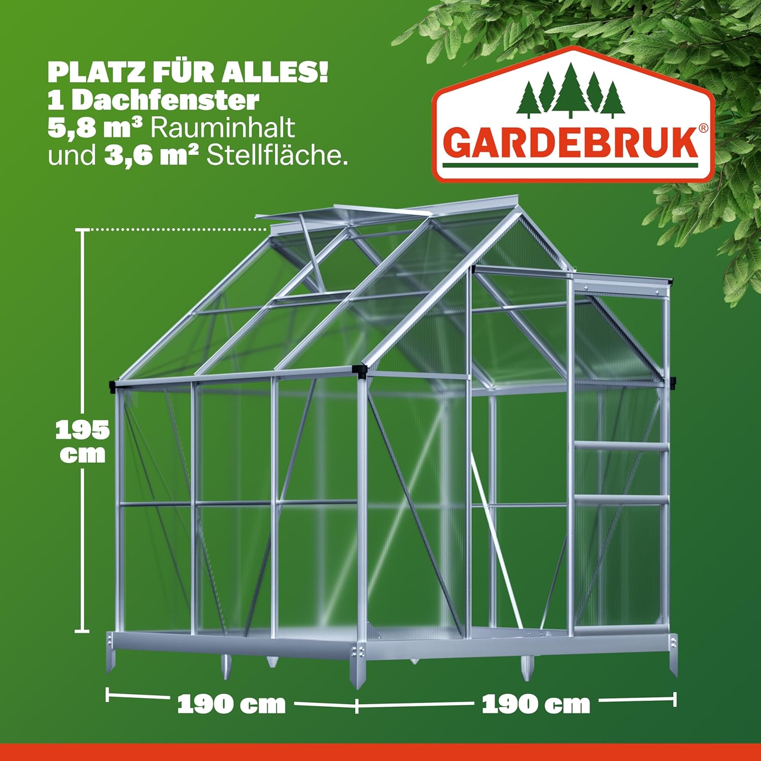 GARDEBRUK® Gewächshaus Aluminium 3,6m2 mit Fundament 190x190cm inkl. Dachfenster Tomatenhaus Treibhaus Anzuchthaus Garten Frühbeet Aufzucht 5,8m3 — Ansicht 3