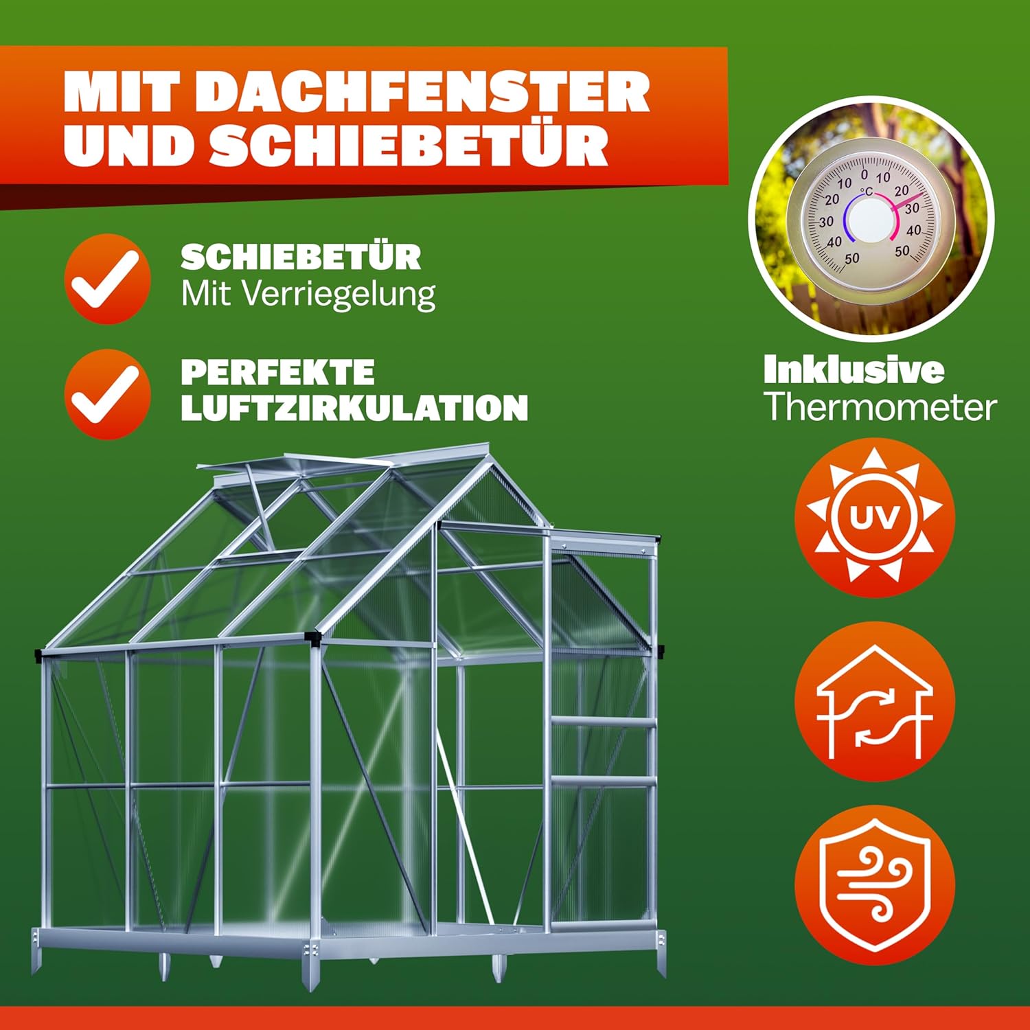 GARDEBRUK® Gewächshaus Aluminium 3,6m2 mit Fundament 190x190cm inkl. Dachfenster Tomatenhaus Treibhaus Anzuchthaus Garten Frühbeet Aufzucht 5,8m3 — Ansicht 5
