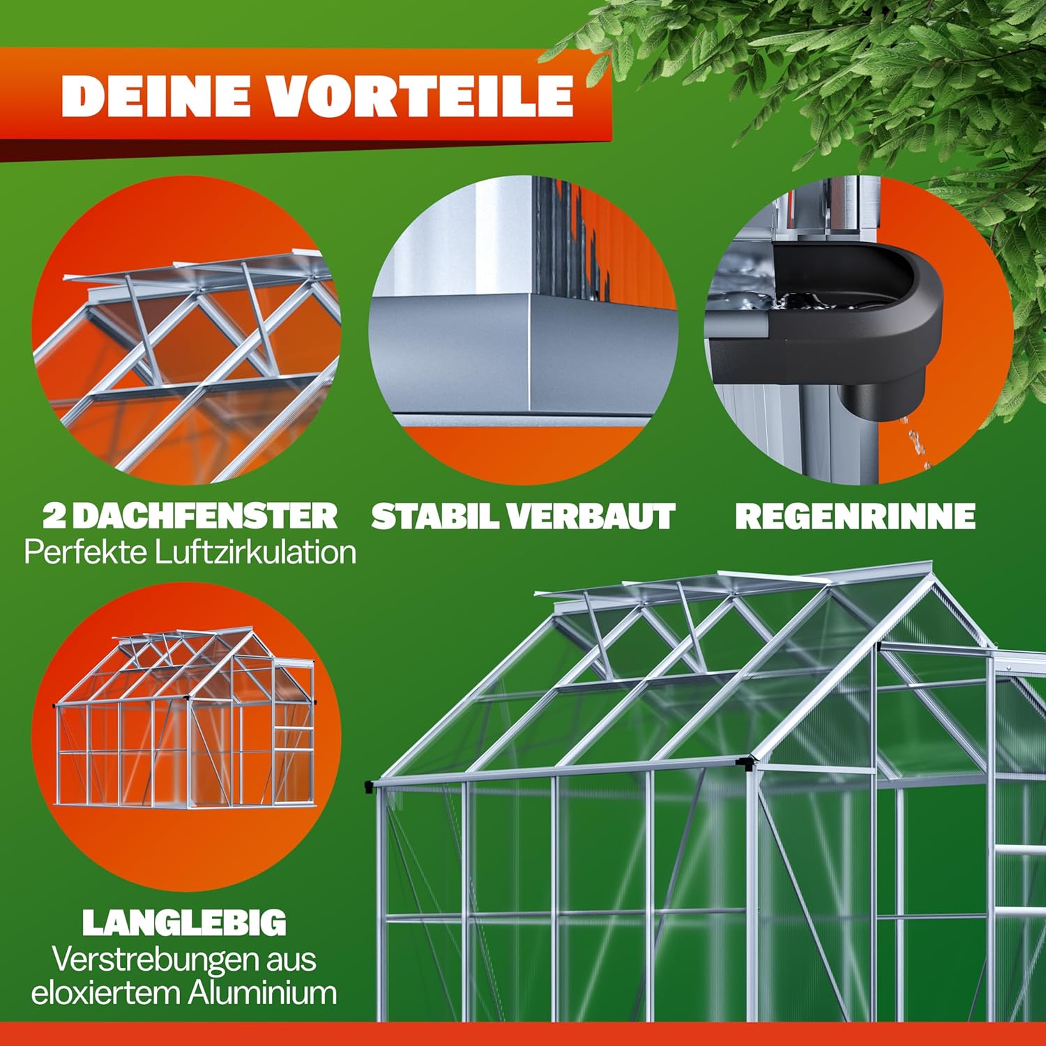 GARDEBRUK® Gewächshaus Aluminium 4,8m2 250x190cm inkl. 2 Dachfenster Tomatenhaus Treibhaus Anzuchthaus Garten Frühbeet Pflanzenhaus Aufzucht 7,63m3 — Ansicht 2