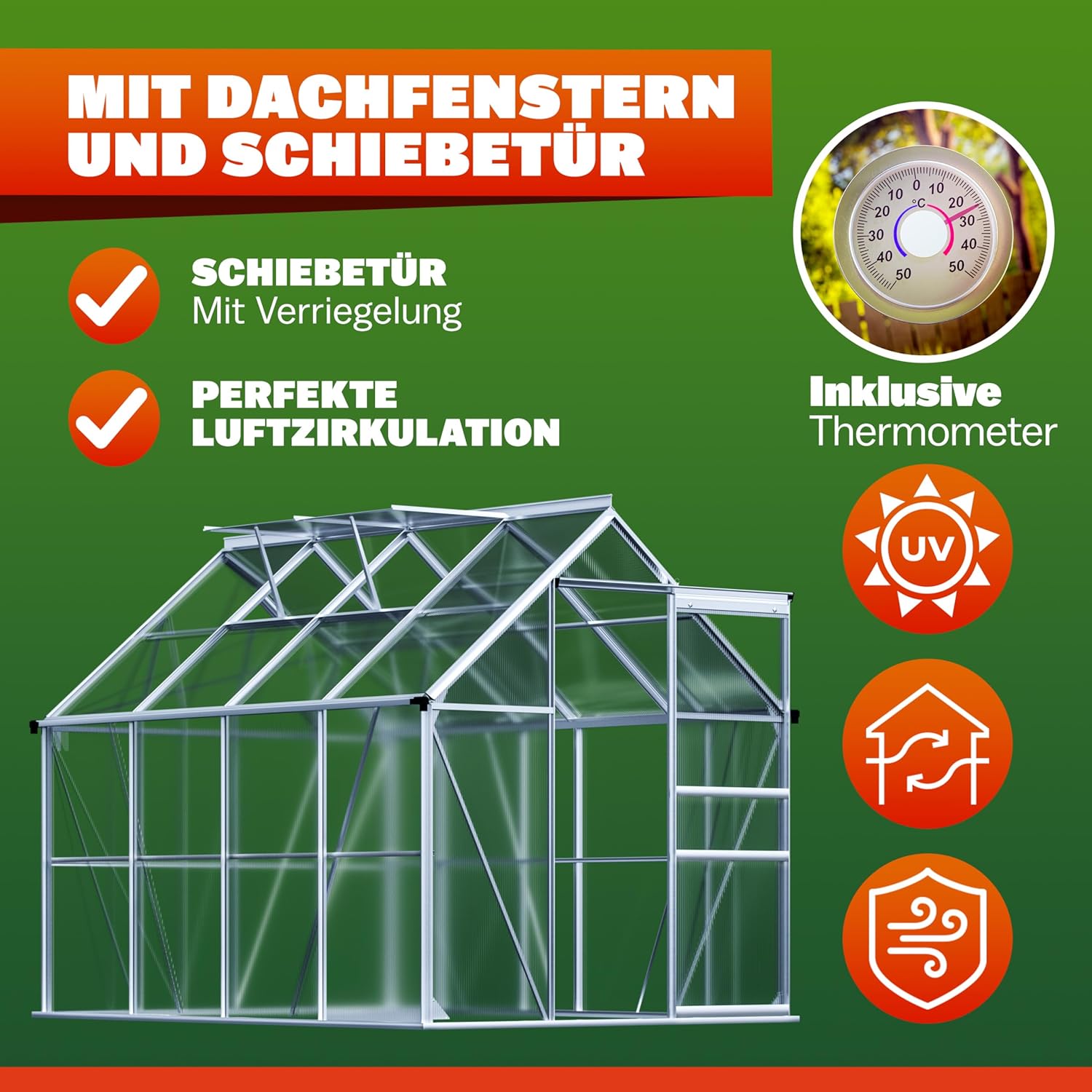 GARDEBRUK® Gewächshaus Aluminium 4,8m2 250x190cm inkl. 2 Dachfenster Tomatenhaus Treibhaus Anzuchthaus Garten Frühbeet Pflanzenhaus Aufzucht 7,63m3 — Ansicht 5