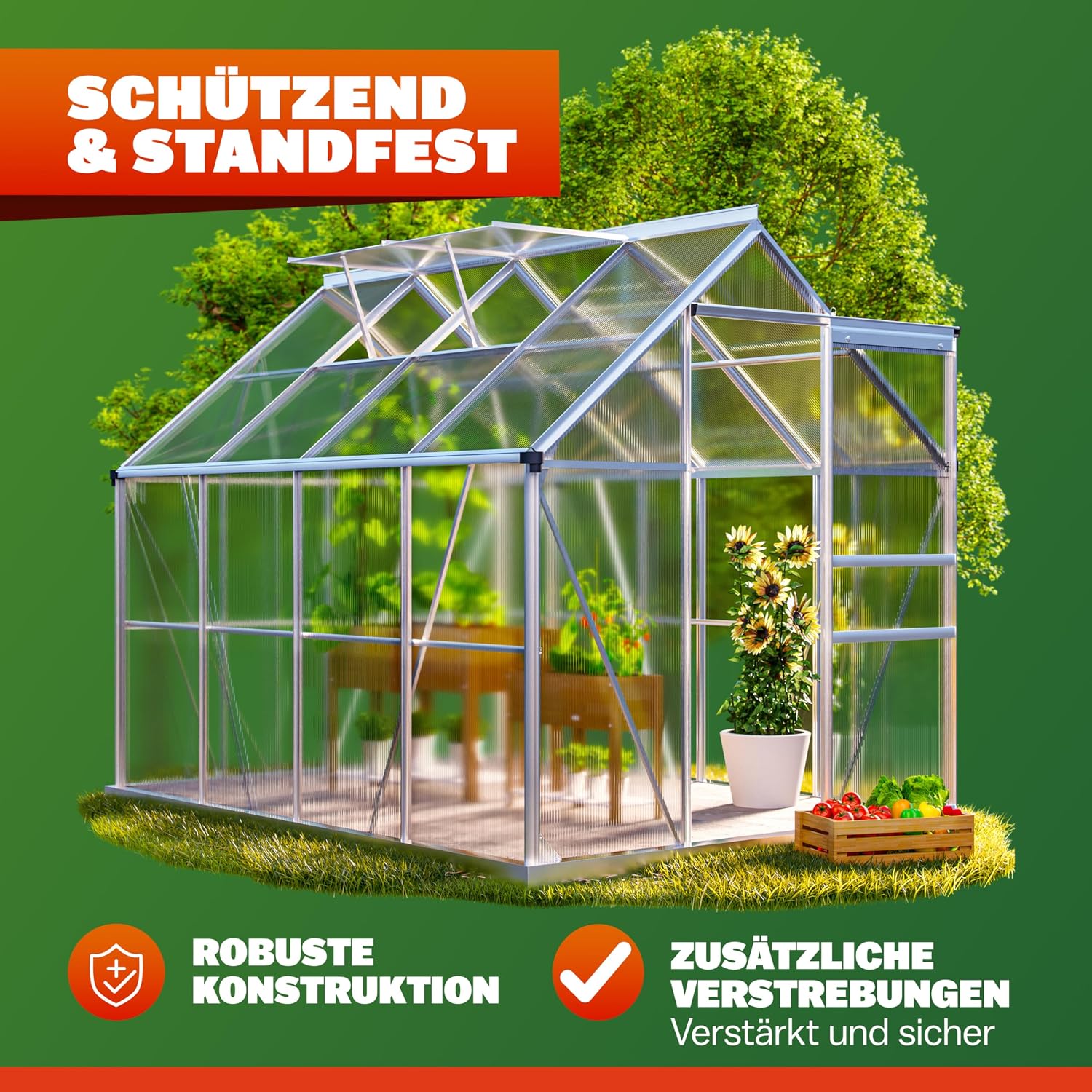 GARDEBRUK® Gewächshaus Aluminium 4,8m2 250x190cm inkl. 2 Dachfenster Tomatenhaus Treibhaus Anzuchthaus Garten Frühbeet Pflanzenhaus Aufzucht 7,63m3 — Ansicht 6