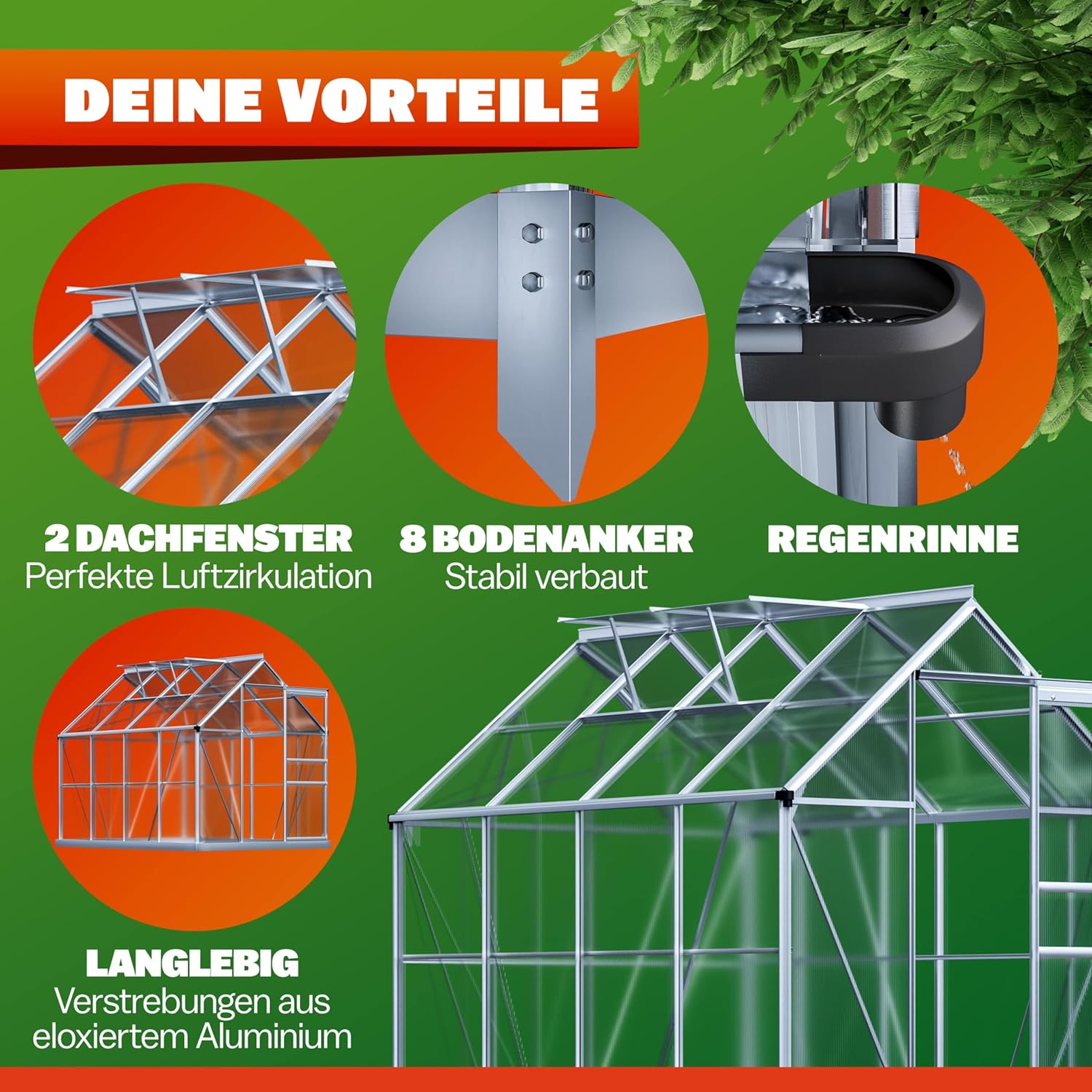 GARDEBRUK® Gewächshaus Aluminium 4,8m2 mit Fundament 250x190cm inkl. 2 Dachfenster Tomatenhaus Treibhaus Anzuchthaus Garten Frühbeet Aufzucht 7,7m3 — Ansicht 2