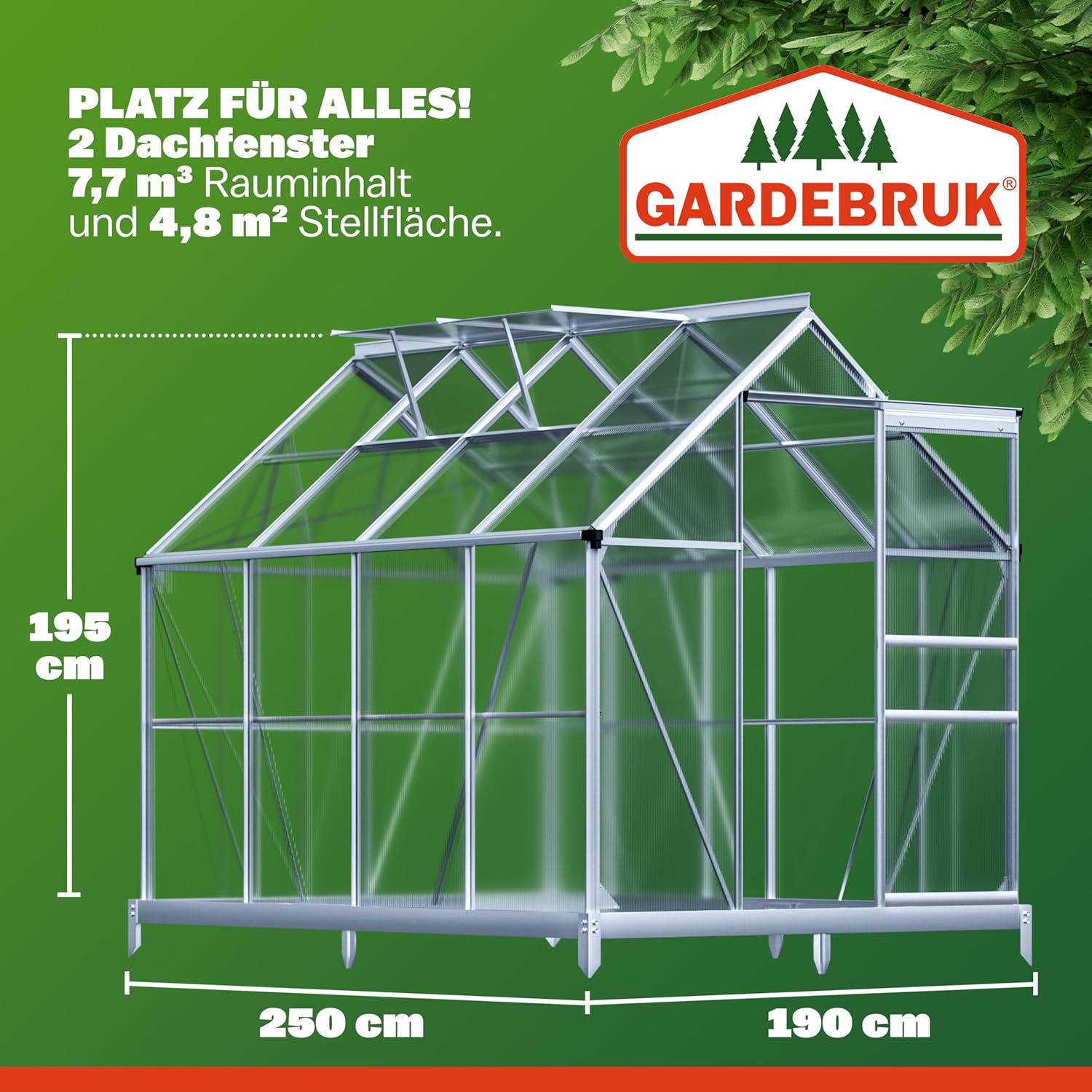 GARDEBRUK® Gewächshaus Aluminium 4,8m2 mit Fundament 250x190cm inkl. 2 Dachfenster Tomatenhaus Treibhaus Anzuchthaus Garten Frühbeet Aufzucht 7,7m3 — Ansicht 3