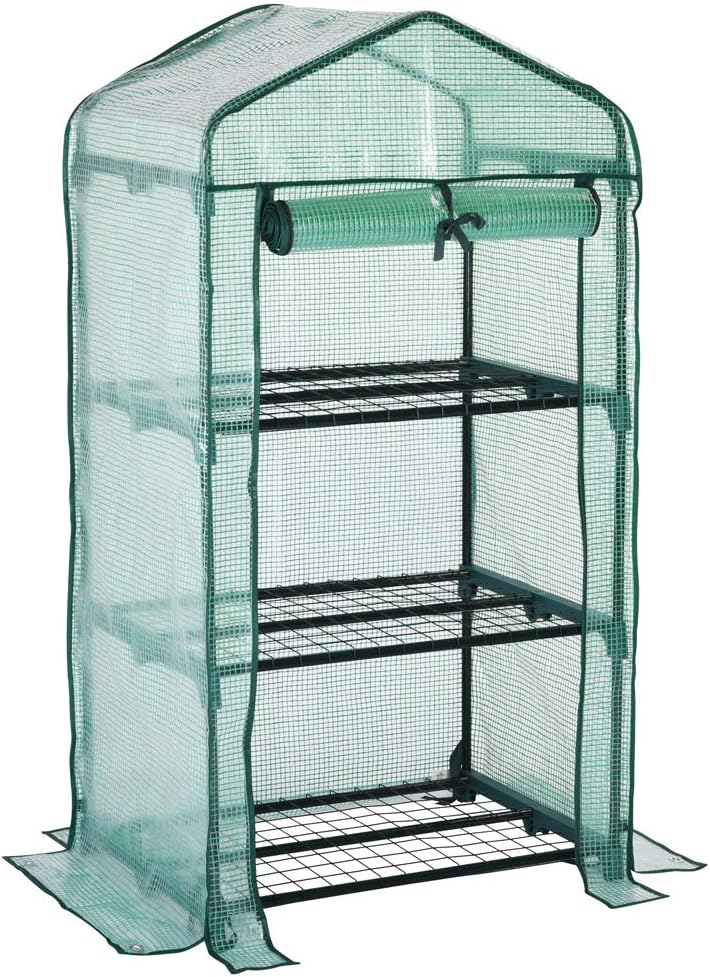 Gardebruk® Gewächshaus Foliengewächshaus platzsparend & stabil mit 3 Ablagen & aufrollbarer Tür Balkon Garten Tomatengewächshaus 126x49x69cm