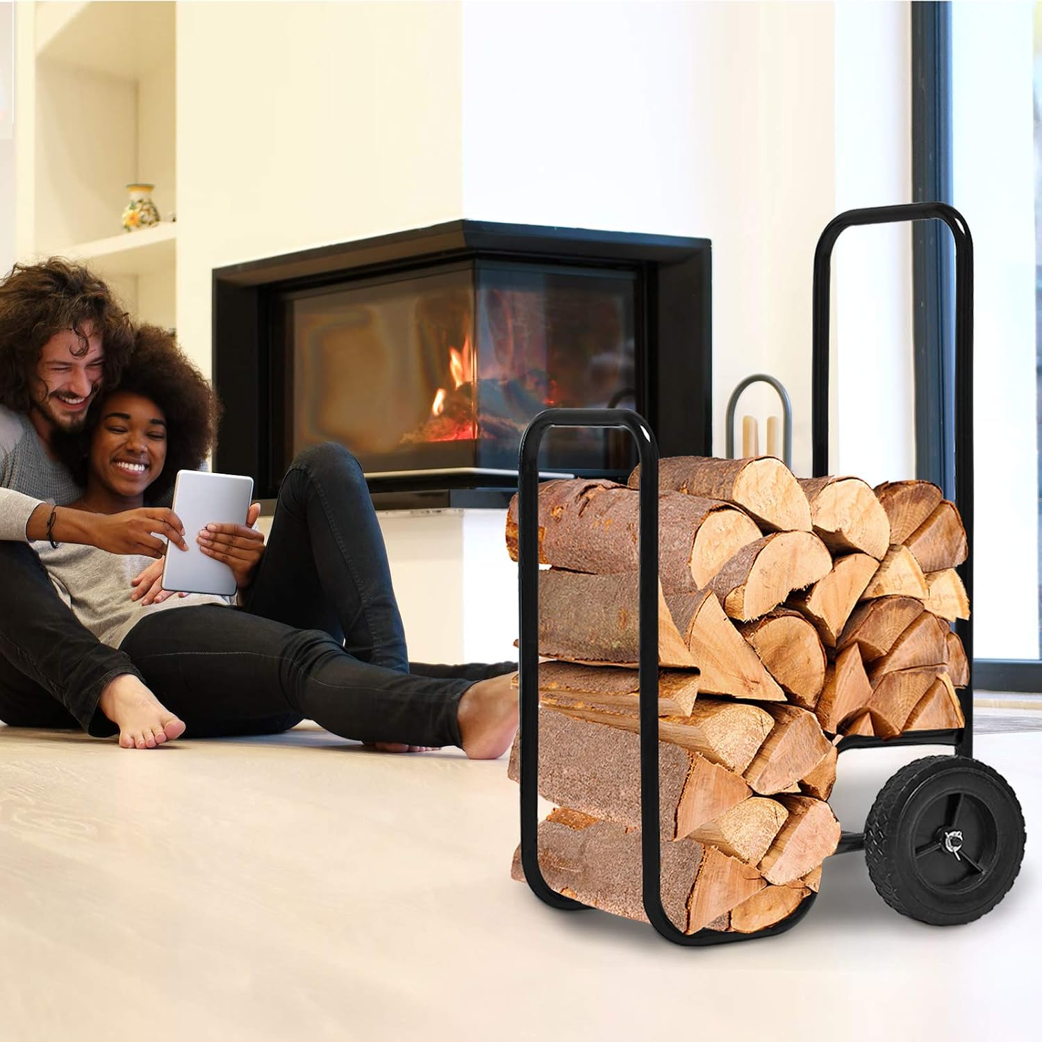 Gardebruk Kaminholzwagen Groß 105x56x45cm 80 kg Stahl Brennholzkarre Holzwagen Holzkorb Sackkarre Transportwagen Schwarz — Ansicht 5