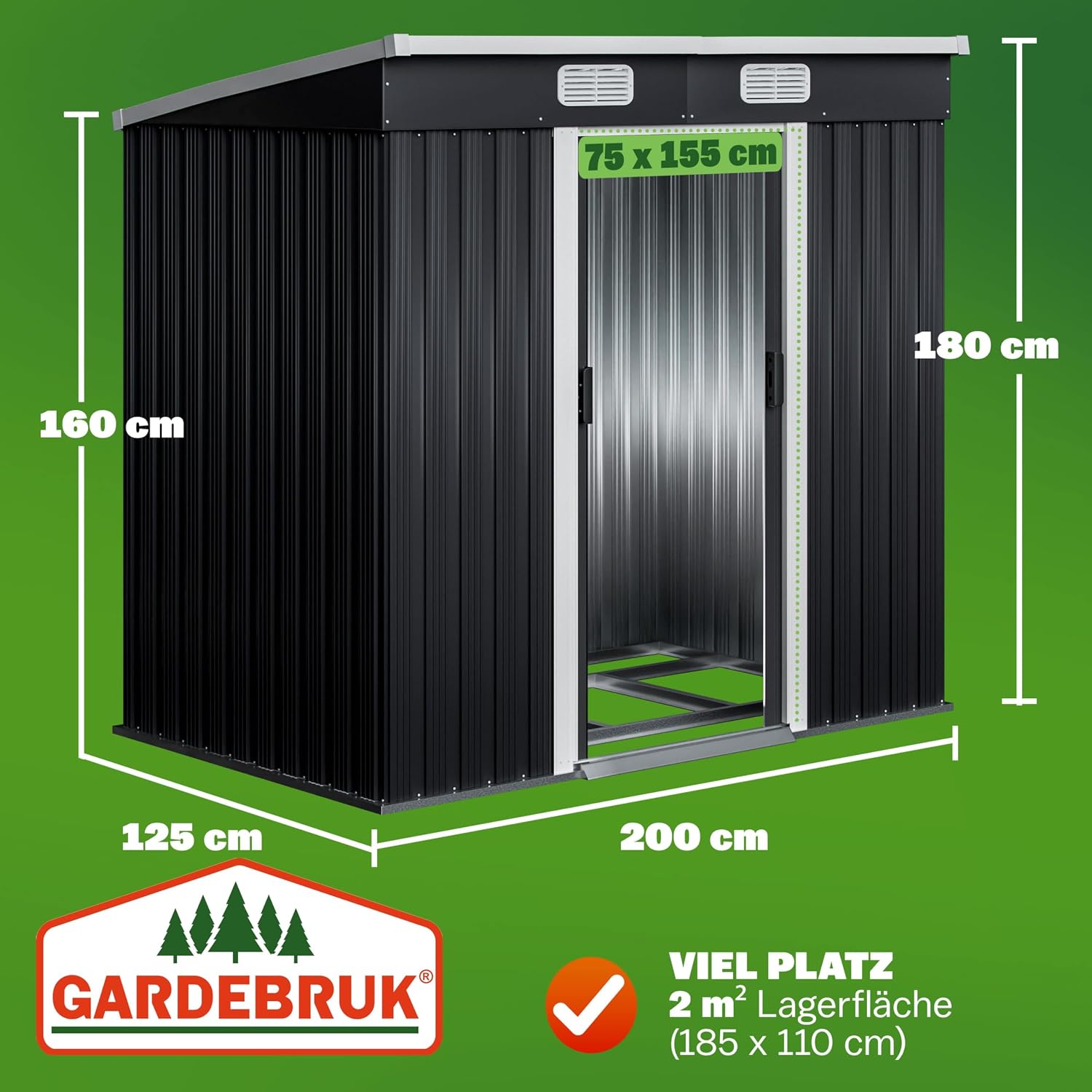 GARDEBRUK® L Metall Gerätehaus 2m2 mit Fundament 200x125x180cm Schiebetür Anthrazit Geräteschuppen Gartenhaus 4m3 — Ansicht 3