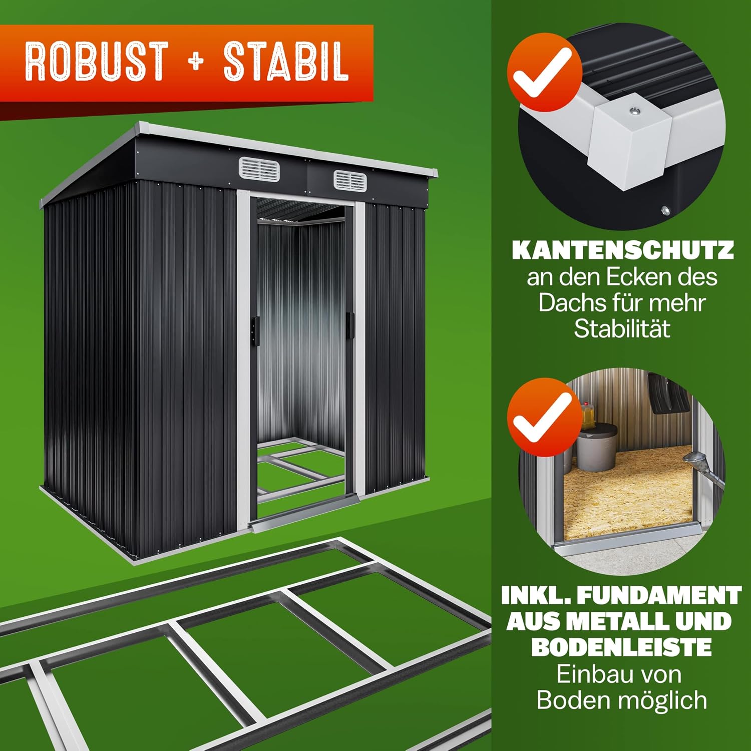 GARDEBRUK® L Metall Gerätehaus 2m2 mit Fundament 200x125x180cm Schiebetür Anthrazit Geräteschuppen Gartenhaus 4m3 — Ansicht 6