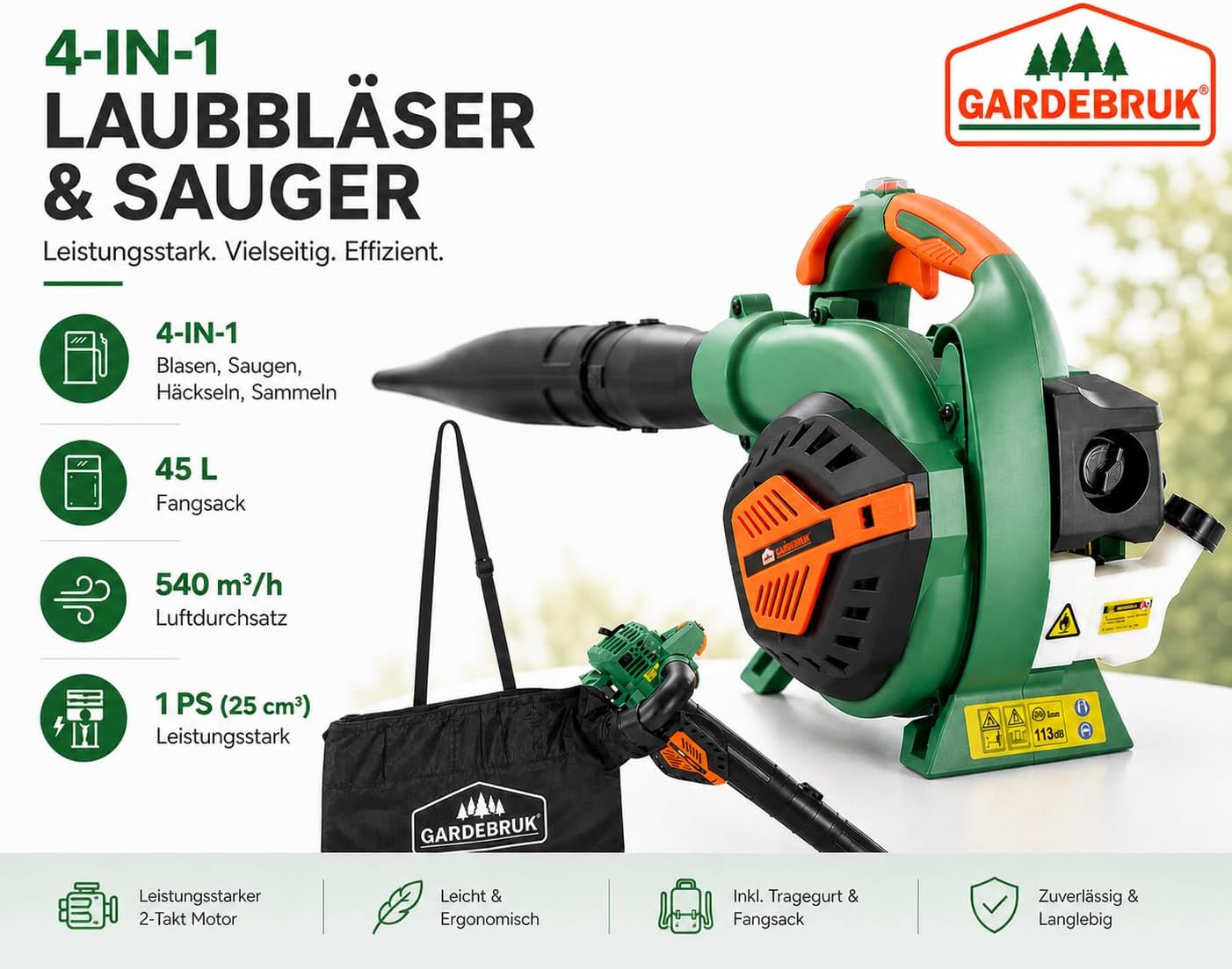 GARDEBRUK® Laubsauger 4 in 1 Benzin Blasgeschwindigkeit 68m/s Fangsack 45L inkl Werkzeug Laubbläser Häcksler Gartensauger — Ansicht 2