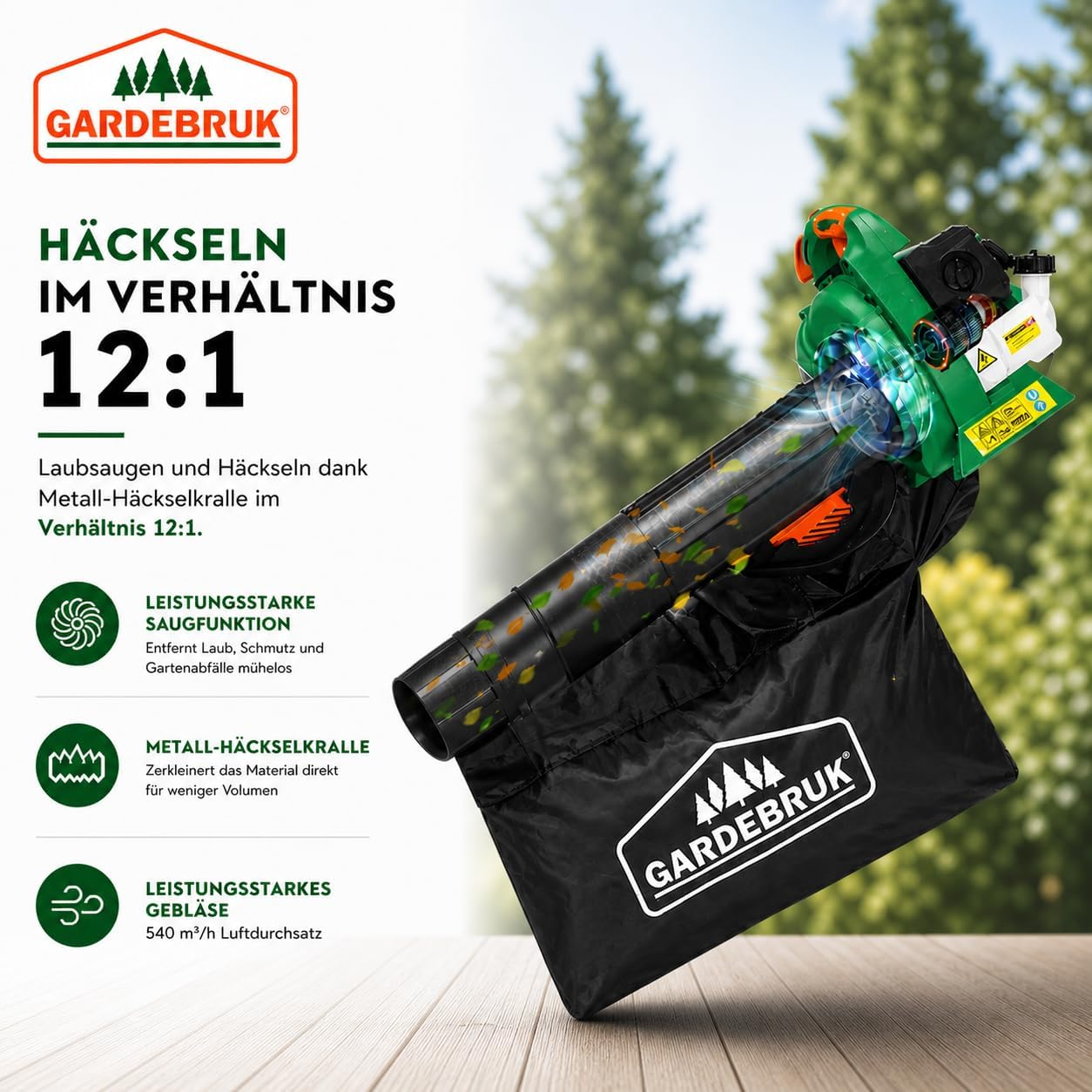 GARDEBRUK® Laubsauger 4 in 1 Benzin Blasgeschwindigkeit 68m/s Fangsack 45L inkl Werkzeug Laubbläser Häcksler Gartensauger — Ansicht 5