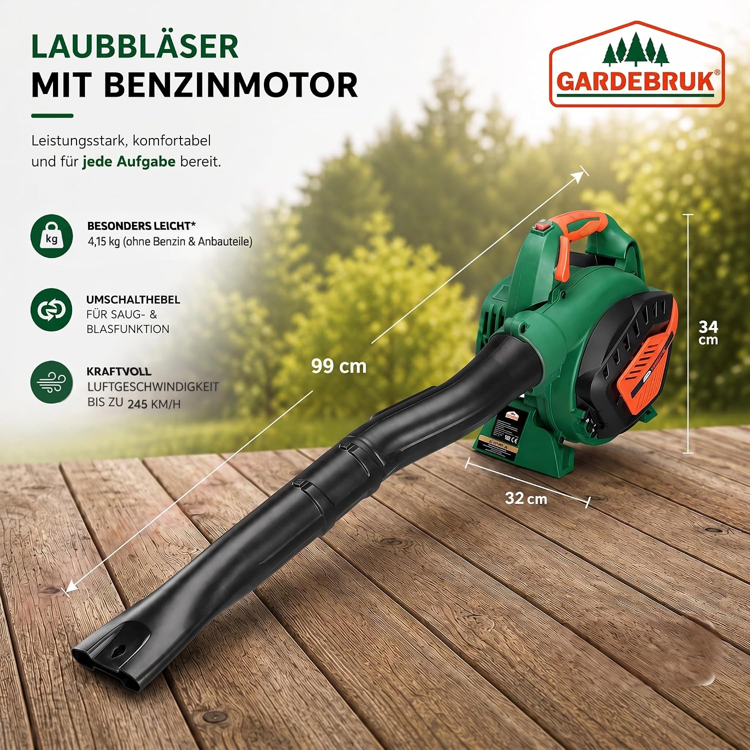 GARDEBRUK® Laubsauger 4 in 1 Benzin Blasgeschwindigkeit 68m/s Fangsack 45L inkl Werkzeug Laubbläser Häcksler Gartensauger — Ansicht 6
