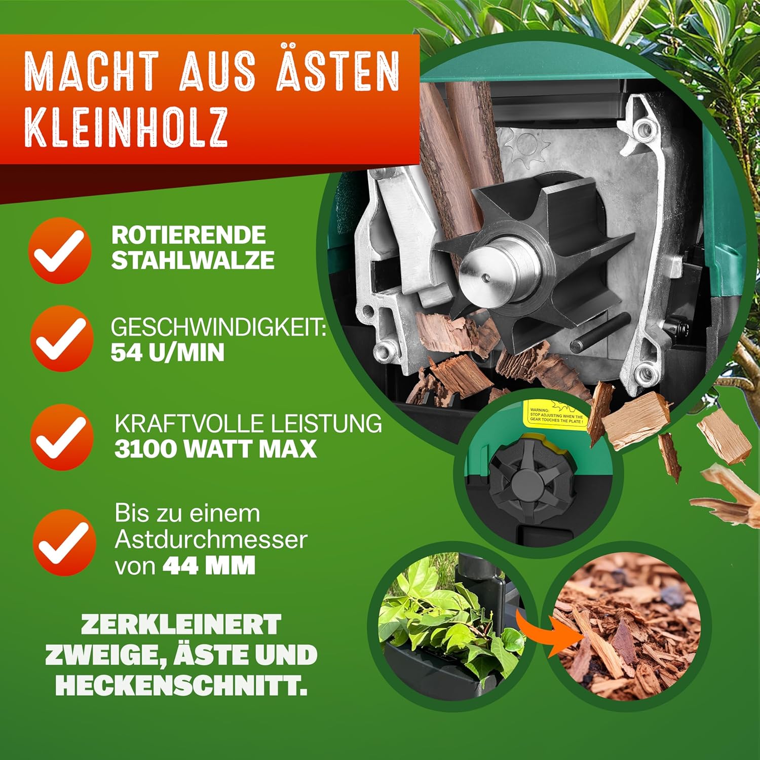Gardebruk® Leisehäcksler 3100 W max. 44 mm Aststärke Elektrisch 2 x 60 L Auffangbeutel Gartenhäcksler Walzenhäcksler Schredder Häcksler — Ansicht 3