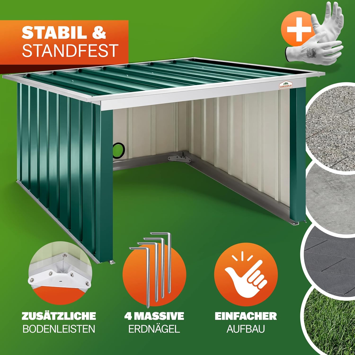 Gardebruk® Mähroboter Garage 89x90x54cm Pultdach Metall Wetterbeständig Dach klappbar 4X Erdanker Carport Regenschutz Rasenroboter Grün — Ansicht 6