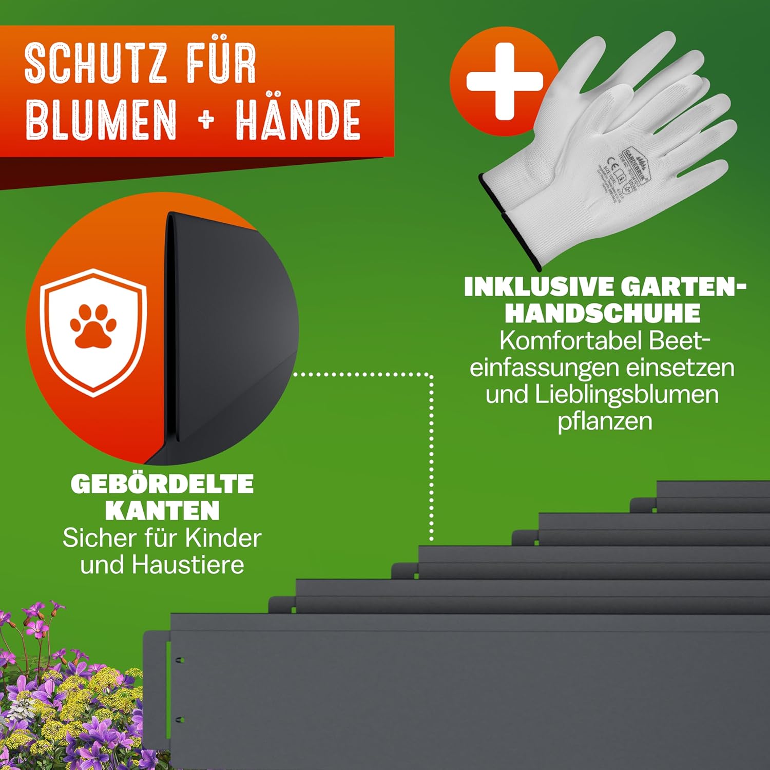 GARDEBRUK® Rasenkante verzinkt 5m 10m 15m 20m 25m 30m 35m 40m 45m 50m 100x15cm oder 100x18cm verzinkt Handschuhe Beeteinfassung Mähkante Palisade Metall, Schwarz (Länge 5m - Höhe 15cm) — Ansicht 2
