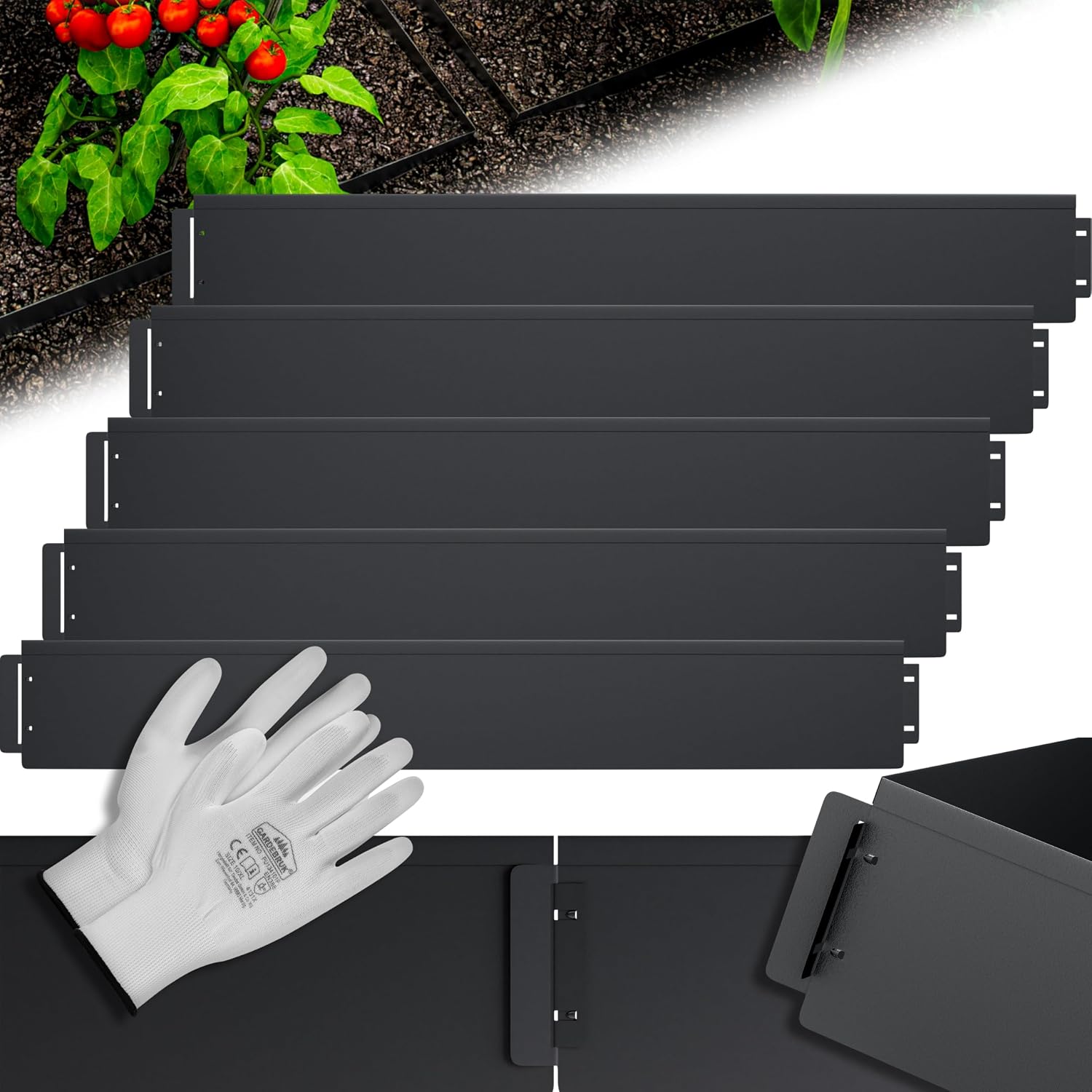 GARDEBRUK® Rasenkante verzinkt 5m 10m 15m 20m 25m 30m 35m 40m 45m 50m 100x15cm oder 100x18cm verzinkt Handschuhe Beeteinfassung Mähkante Palisade Metall, Schwarz (Länge 5m - Höhe 15cm)