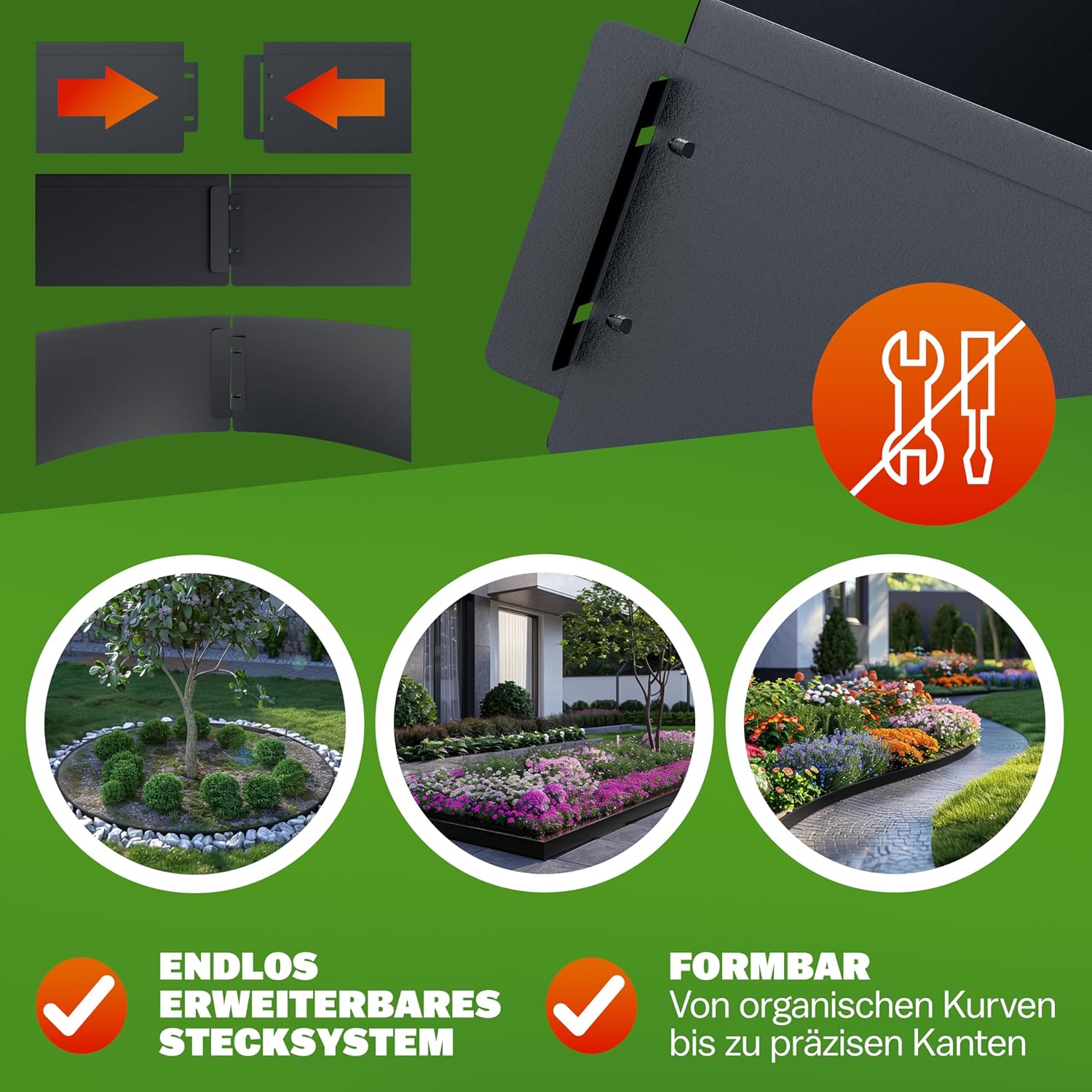 GARDEBRUK® Rasenkante verzinkt 5m 10m 15m 20m 25m 30m 35m 40m 45m 50m 100x15cm oder 100x18cm verzinkt Handschuhe Beeteinfassung Mähkante Palisade Metall, Schwarz (Länge 5m - Höhe 15cm) — Ansicht 4