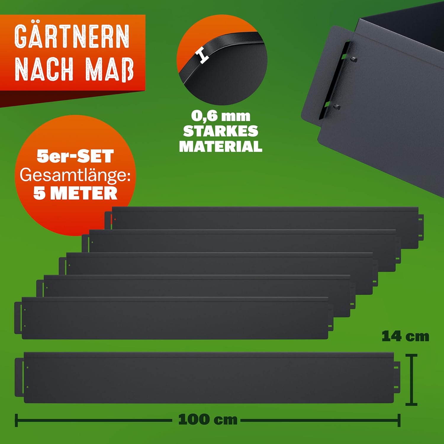 GARDEBRUK® Rasenkante verzinkt 5m 10m 15m 20m 25m 30m 35m 40m 45m 50m 100x15cm oder 100x18cm verzinkt Handschuhe Beeteinfassung Mähkante Palisade Metall, Schwarz (Länge 5m - Höhe 15cm) — Ansicht 6