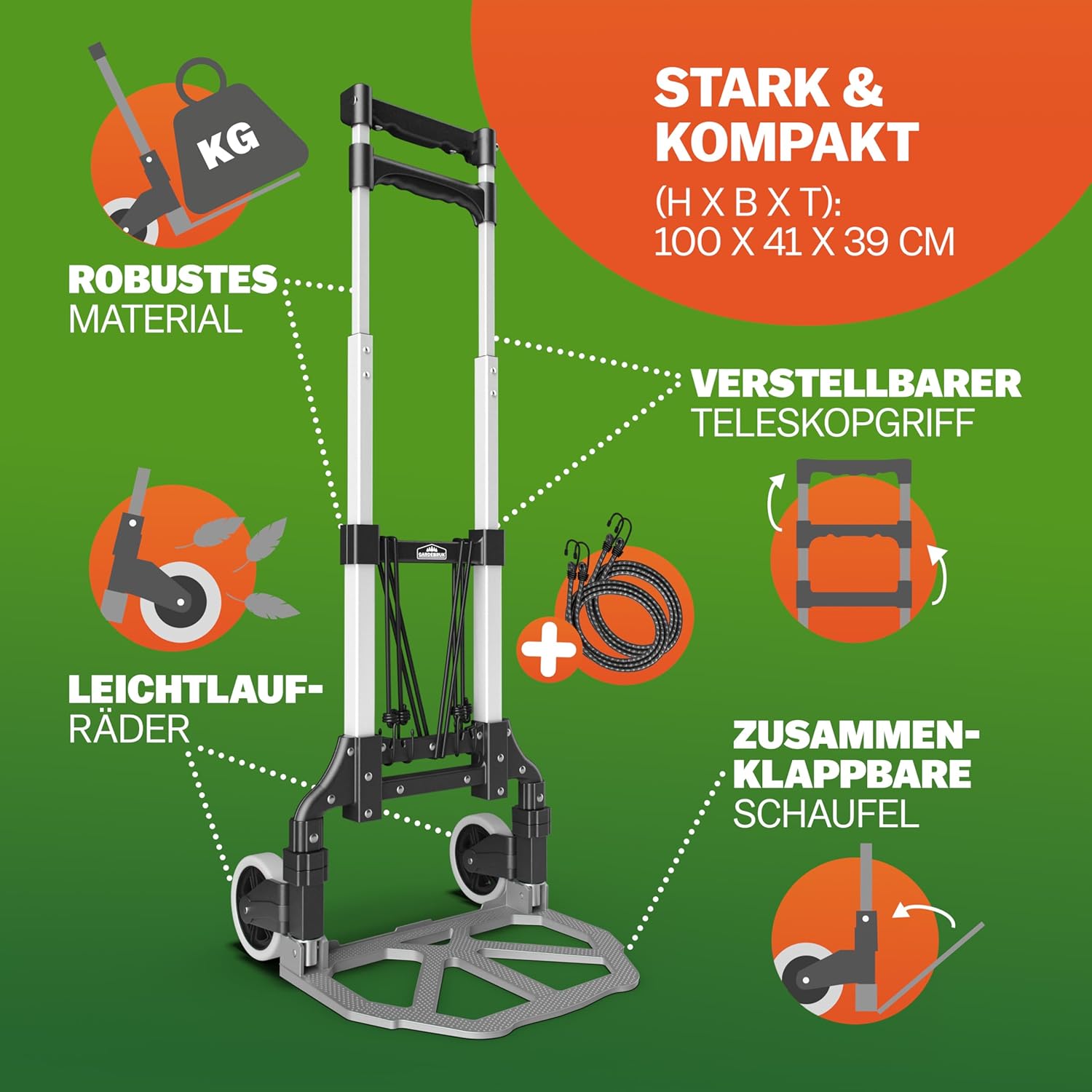 GARDEBRUK® Sackkarre Aluminium klappbar 80 kg PP-Reifen pannensicher inkl. Handschuhe 2 Expander Umzug Transportkarre Transportwagen Transportroller — Ansicht 2