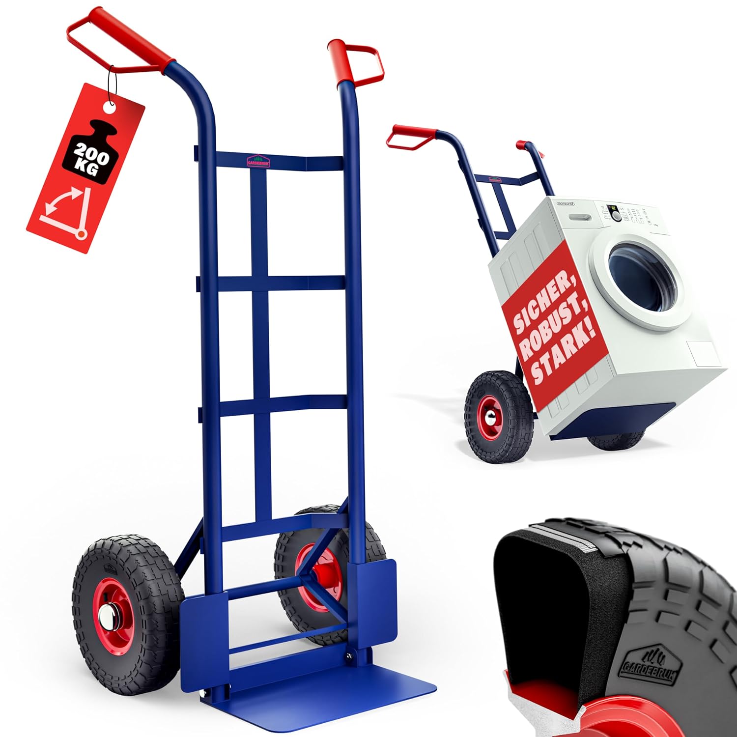GARDEBRUK Sackkarre klappbar 200kg Luftbereifung Stahl Transportkarre Haltegriffe Transportroller Stapelkarre Transportwagen Handkarre blau