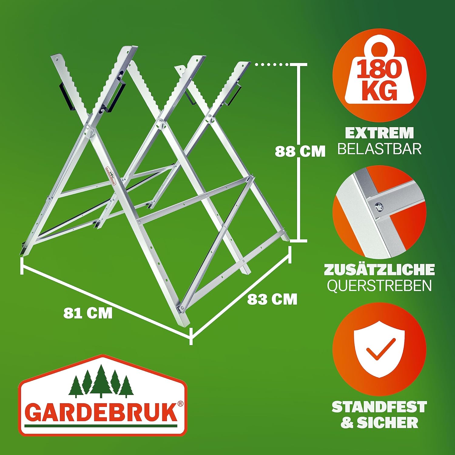 GARDEBRUK® Sägebock Holzsägebock Sägehilfe klappbar 150kg stabil Holzbock Sägegestell Kettensägebock Holzschneidebock Säge Bock Holz verzinkt Metall — Ansicht 3