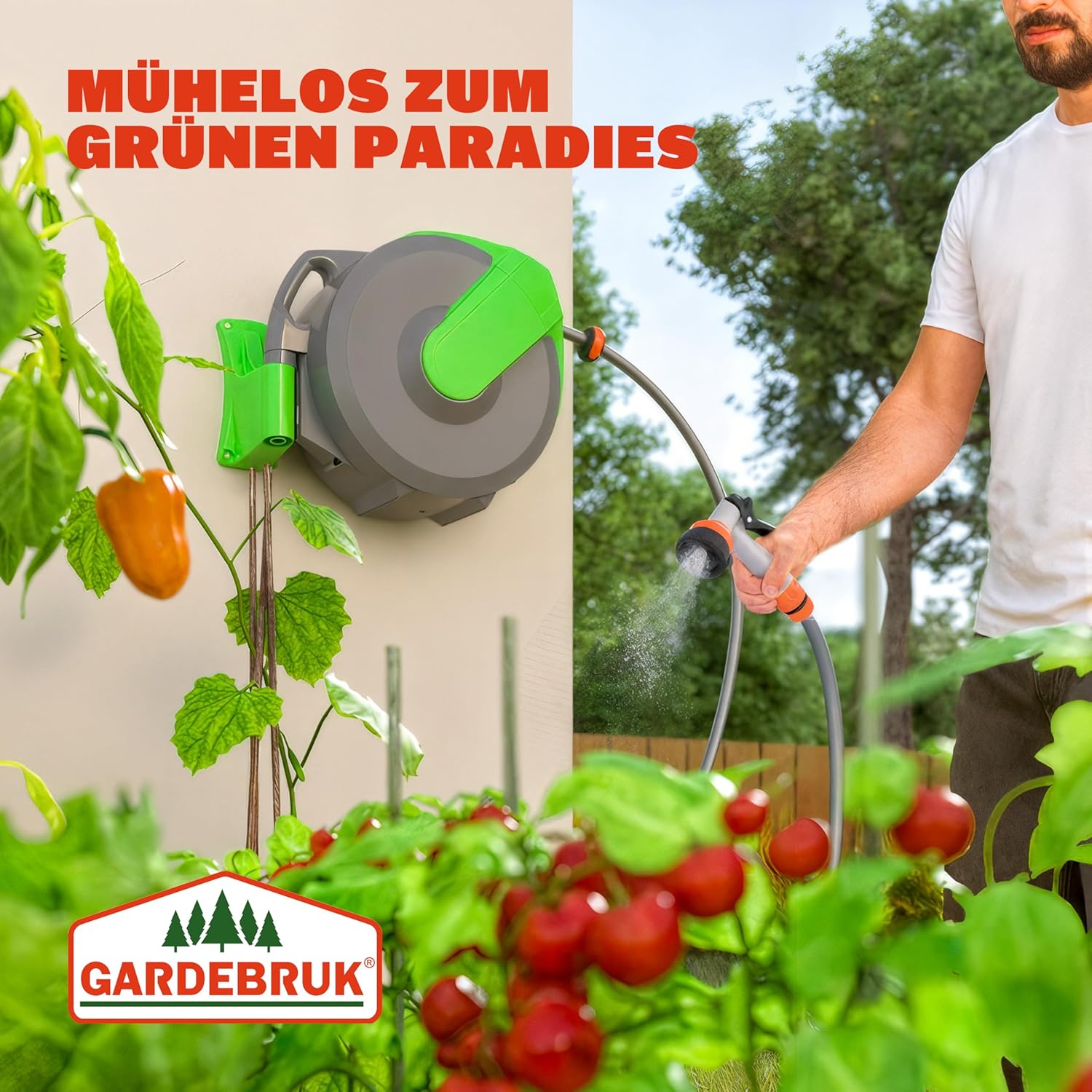 GARDEBRUK® Schlauchtrommel 30 + 2m Schlauchaufroller Wasser Handbrause 7 Funktionen 180° Schwenkbar Aufwickelstopper Gartenschlauch Grün — Ansicht 2