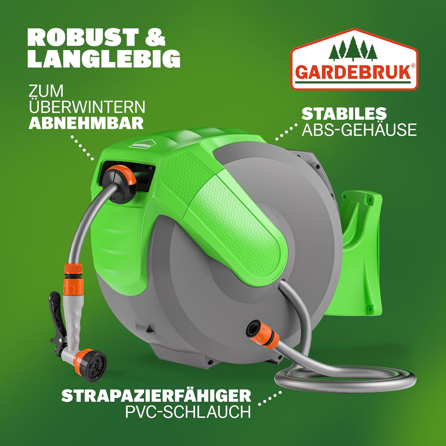GARDEBRUK® Schlauchtrommel 30 + 2m Schlauchaufroller Wasser Handbrause 7 Funktionen 180° Schwenkbar Aufwickelstopper Gartenschlauch Grün — Ansicht 3