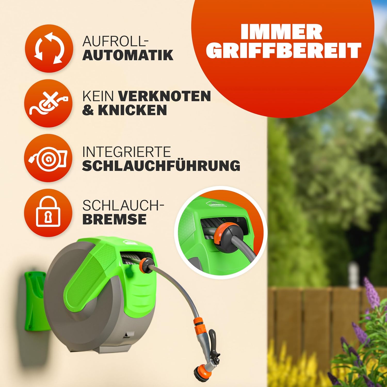 GARDEBRUK® Schlauchtrommel 30 + 2m Schlauchaufroller Wasser Handbrause 7 Funktionen 180° Schwenkbar Aufwickelstopper Gartenschlauch Grün — Ansicht 5