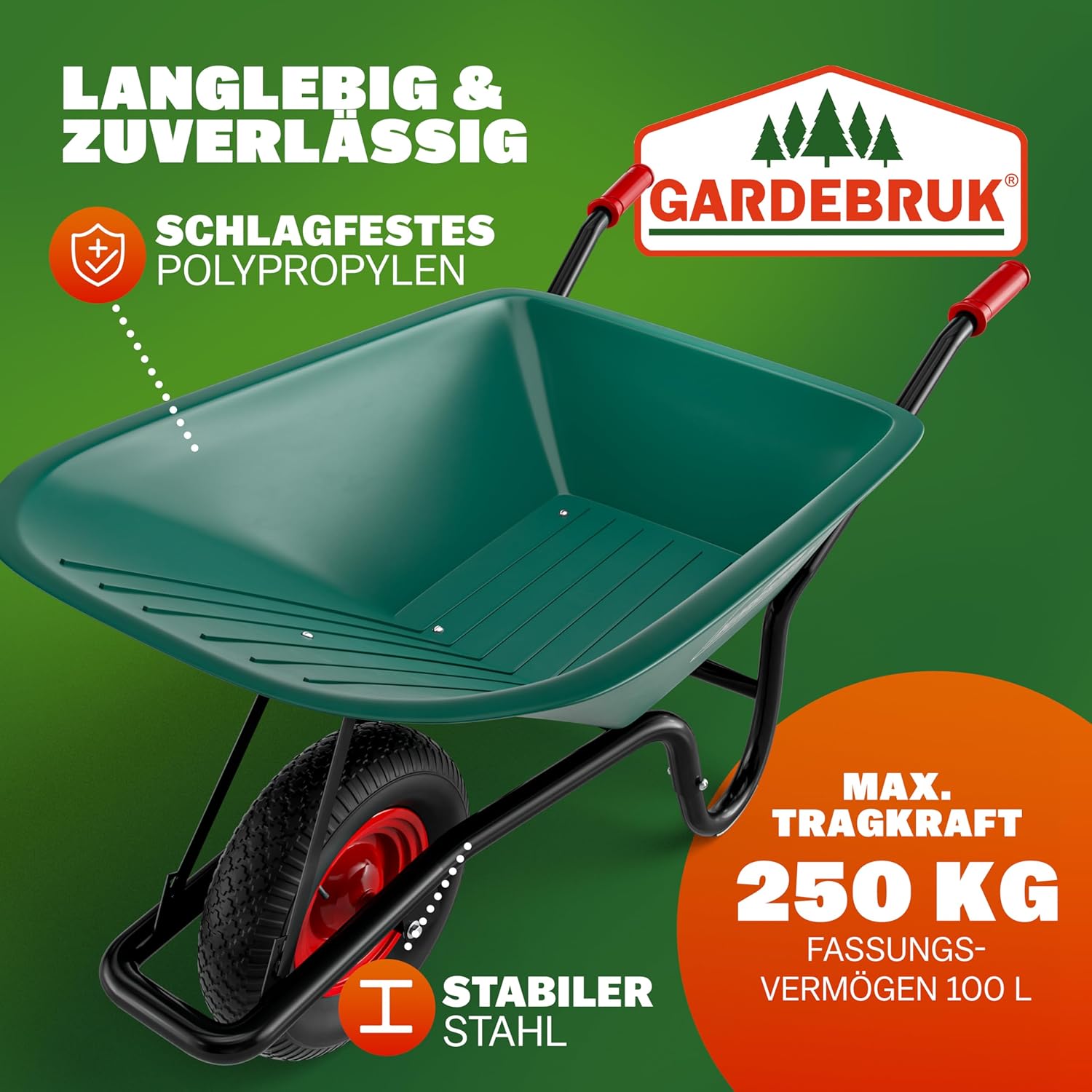 GARDEBRUK Schubkarre 100 Liter Bauschubkarre Gartenschubkarre bis 250kg Belastbarkeit Luftreifen stabile Ausführung mit Kunstoffwanne — Ansicht 2