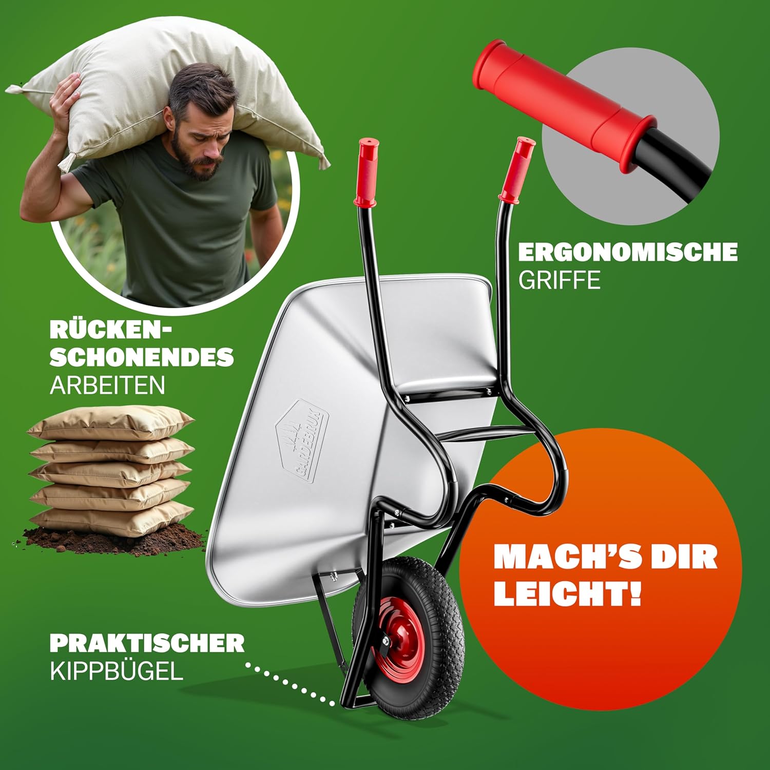 GARDEBRUK® Schubkarre 100 Liter bis 250kg Luftreifen mit Stahlfelge verzinkt Garten Bauschubkarre Gartenschubkarre — Ansicht 2