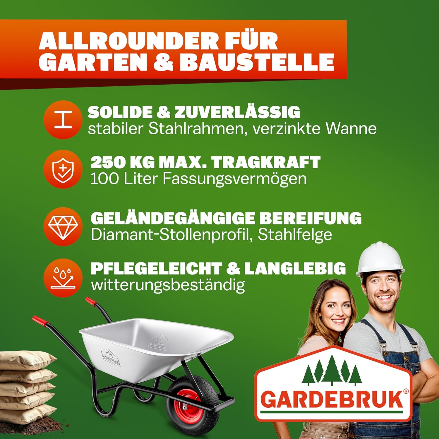 GARDEBRUK® Schubkarre 100 Liter bis 250kg Luftreifen mit Stahlfelge verzinkt Garten Bauschubkarre Gartenschubkarre — Ansicht 6