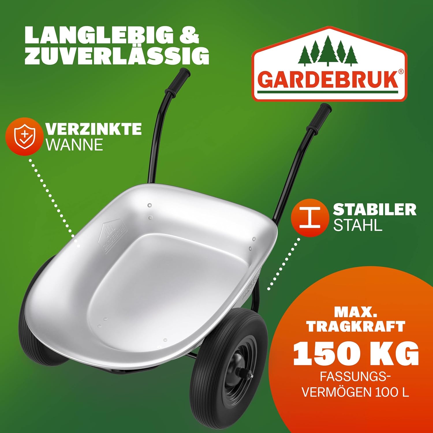 GARDEBRUK Schubkarre 2 Rad 150kg 100L Stahlfelge 2 Luftreifen Autoventil Gleitlager — Ansicht 2