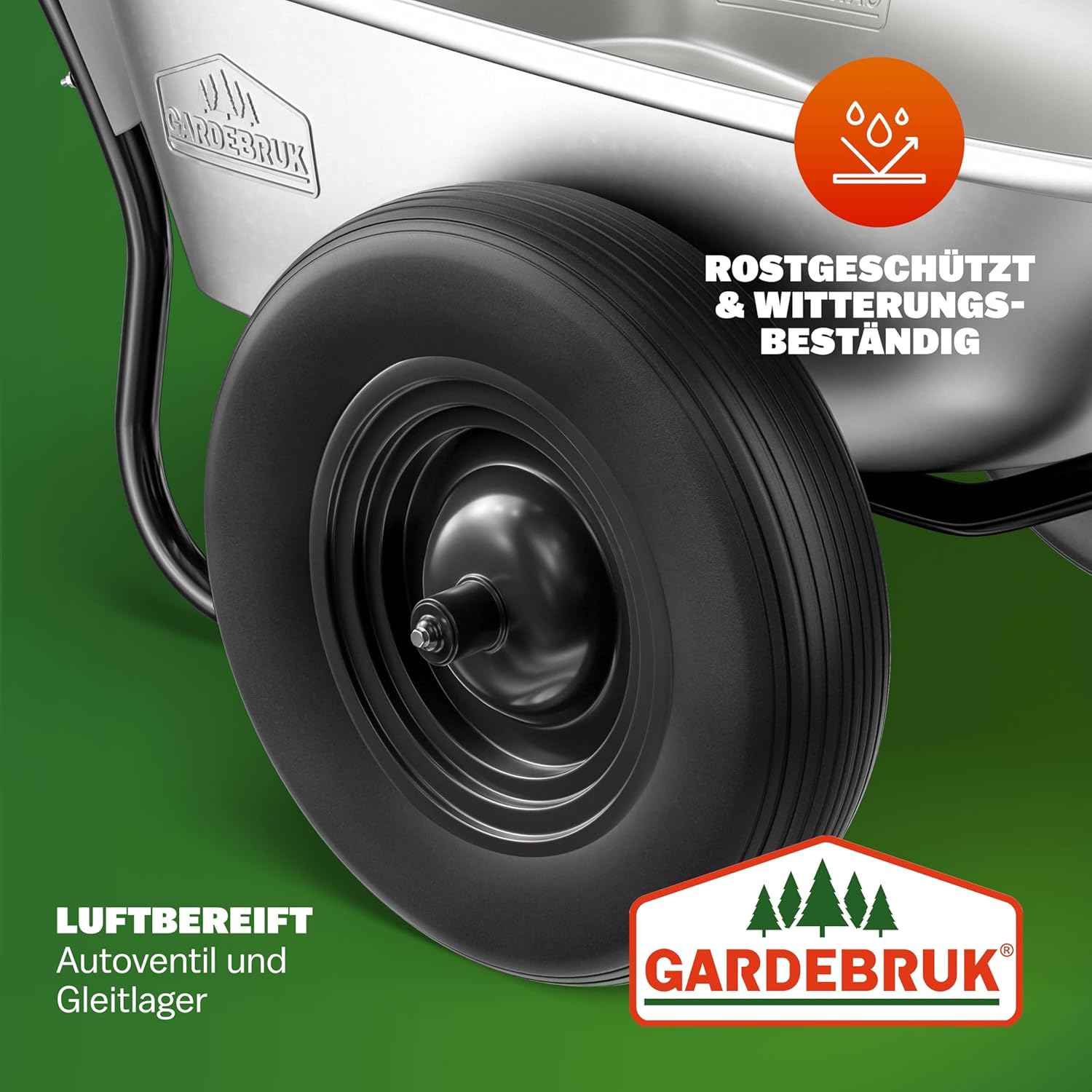 GARDEBRUK Schubkarre 2 Rad 150kg 100L Stahlfelge 2 Luftreifen Autoventil Gleitlager — Ansicht 5