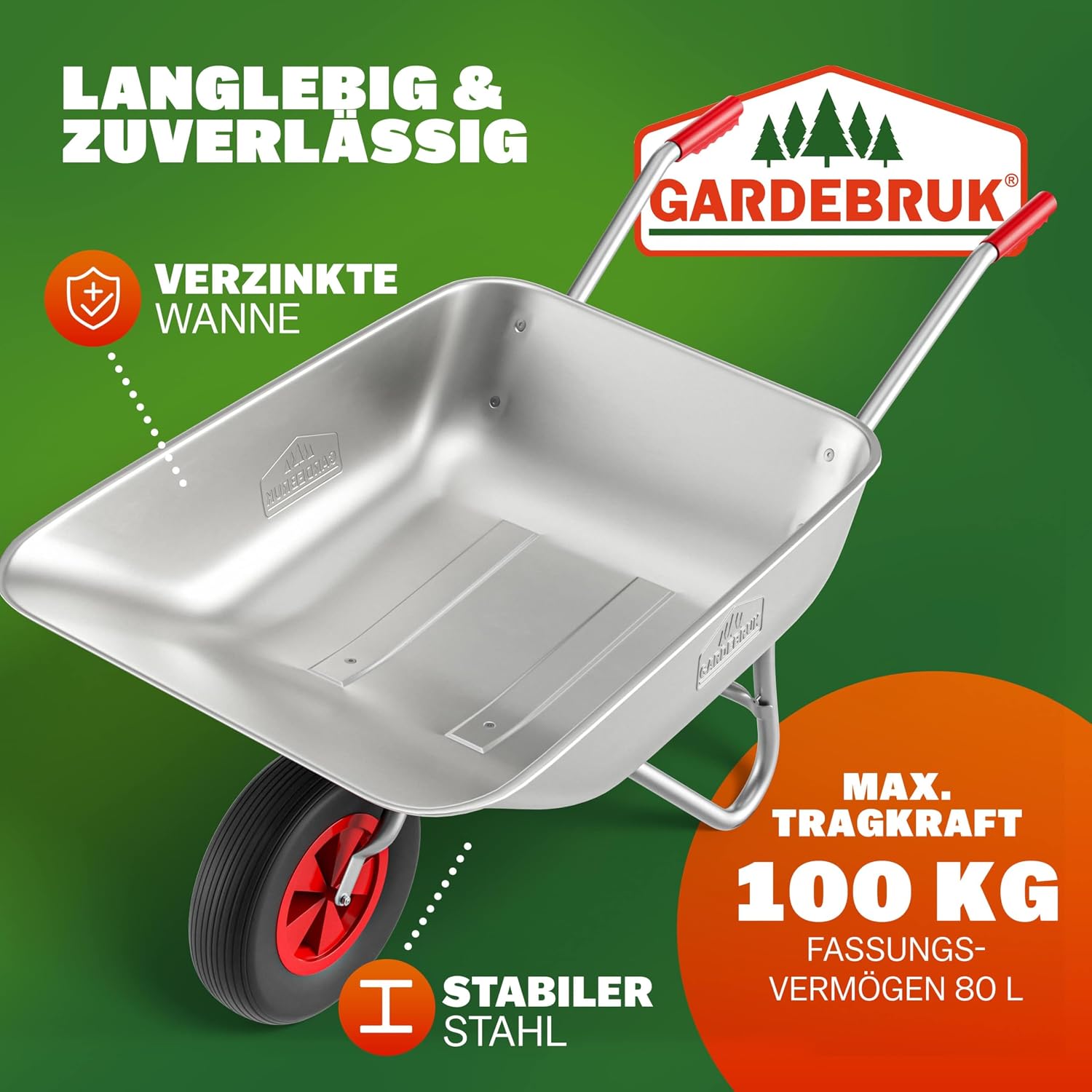 GARDEBRUK® Schubkarre 80 Liter bis 100kg Luftreifen mit Stahlfelge verzinkt Garten Bauschubkarre Gartenschubkarre — Ansicht 2