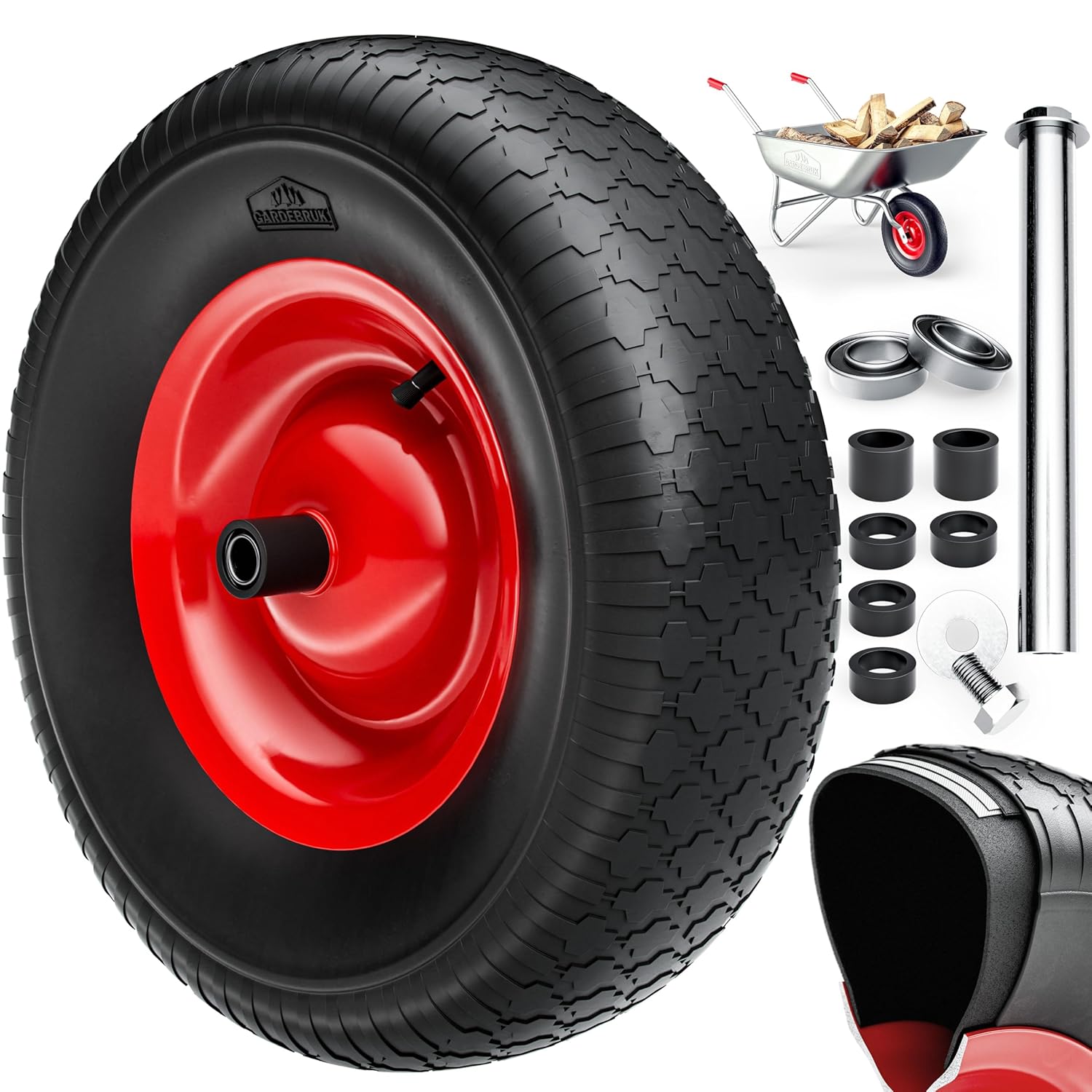 GARDEBRUK® Schubkarrenrad Luftbereifung 4.80/4.00-8 Ø 390mm 200kg Achse Felge Kugellager Schubkarrenräder Schubkarrenreifen Rad Reifen Schubkarre