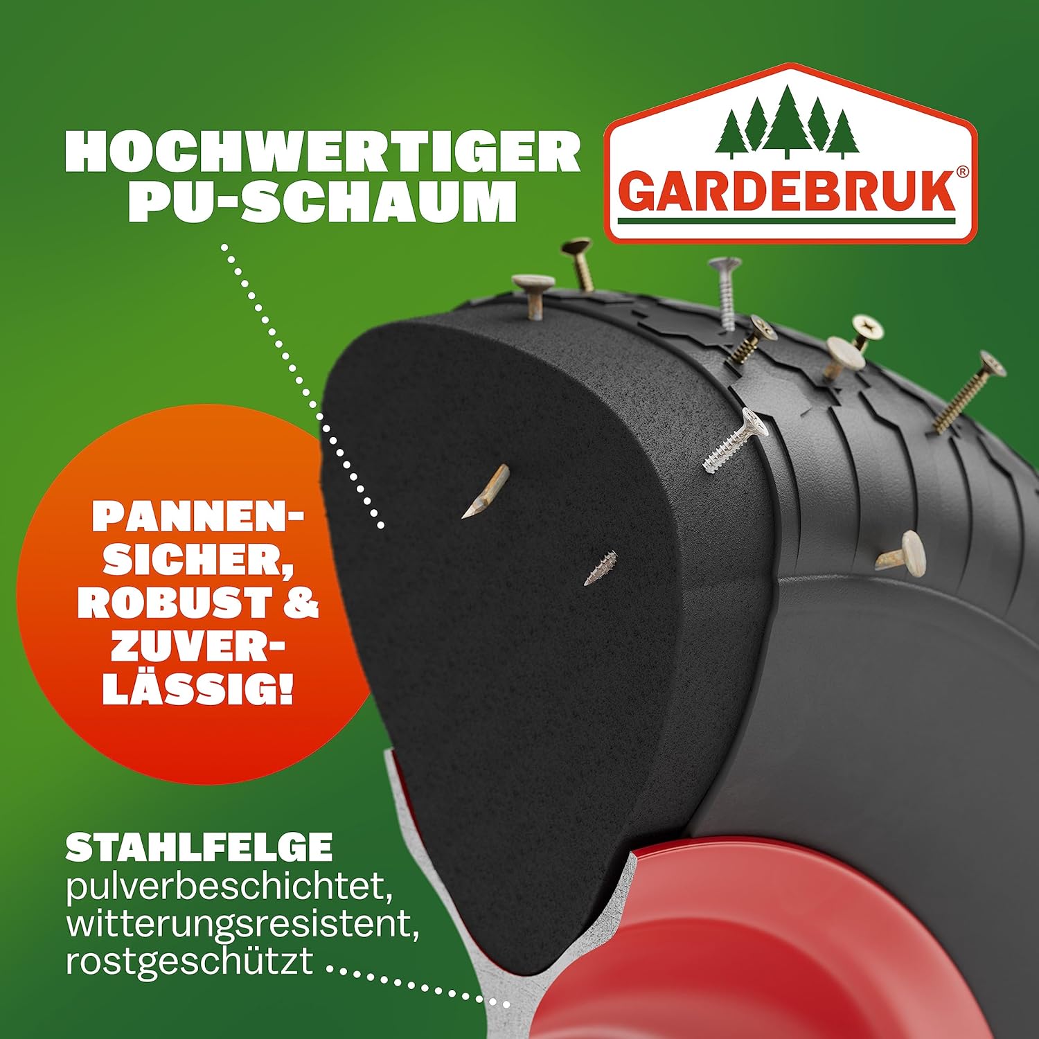 GARDEBRUK Schubkarrenrad PU Vollgummi pannensicher 4.80/4.00-8 ?390mm Stahlfelge 200kg Achse Diamantprofil Reifen Vollgummireifen Ersatzrad Schwarz — Ansicht 3
