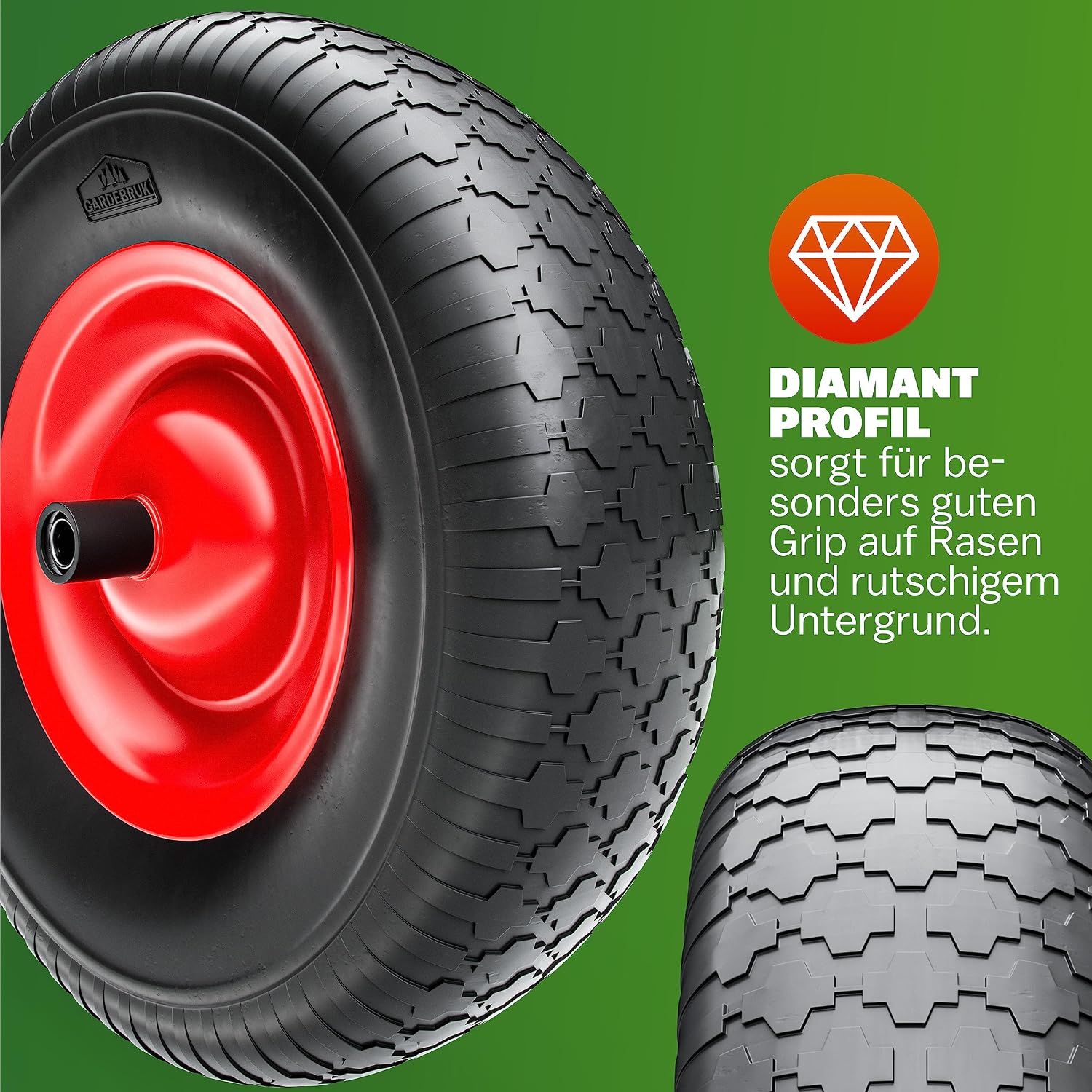 GARDEBRUK Schubkarrenrad PU Vollgummi pannensicher 4.80/4.00-8 ?390mm Stahlfelge 200kg Achse Diamantprofil Reifen Vollgummireifen Ersatzrad Schwarz — Ansicht 6