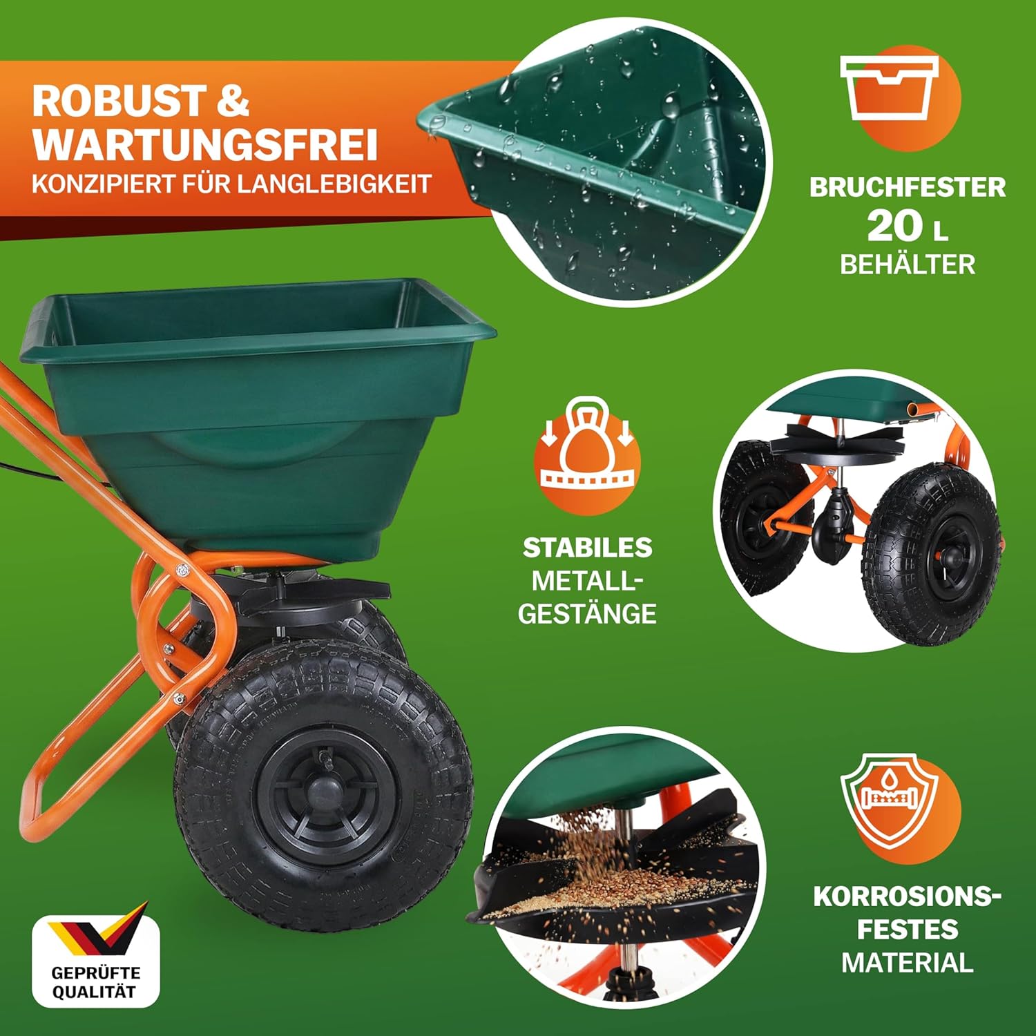 GARDEBRUK® Streuwagen 20 L Streumenge einstellbar XXL Luftreifen - Saatgutstreuer Streuer für Salz Dünger Rasen Saatgut — Ansicht 3