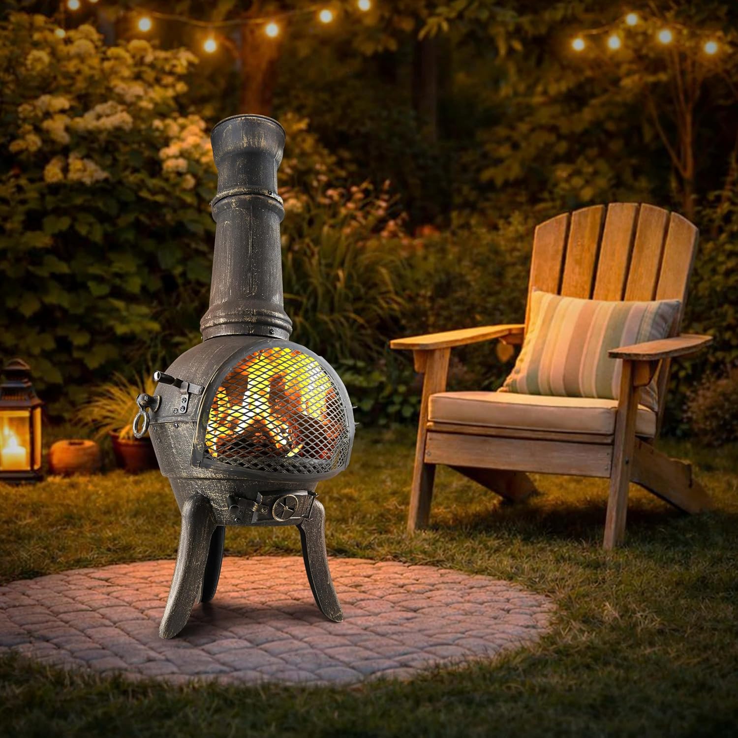 GARDEBRUK® Terrassenofen Gusseisen 28kg Funkenschutz Abdeckung Schürhaken 112cm Gross Feuerstelle Feuerkorb Garten Terrasse Holz Ofen Kamin Outdoor — Ansicht 2
