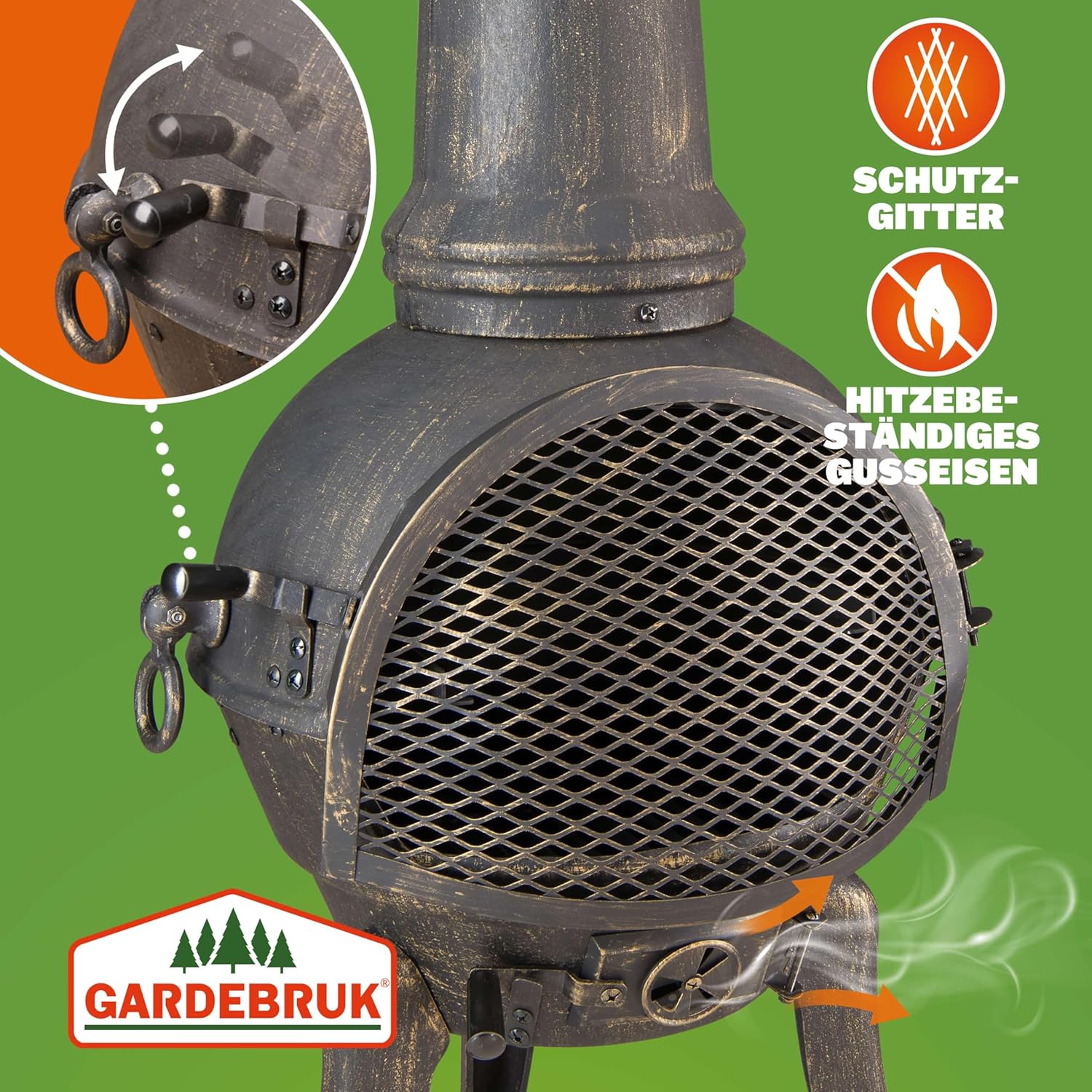 GARDEBRUK® Terrassenofen Gusseisen 28kg Funkenschutz Abdeckung Schürhaken 112cm Gross Feuerstelle Feuerkorb Garten Terrasse Holz Ofen Kamin Outdoor — Ansicht 3
